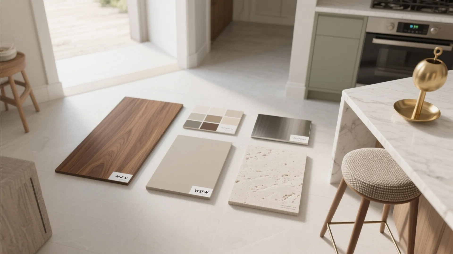 Selection of material samples including wood and stone displayed on a bright modern kitchen floor