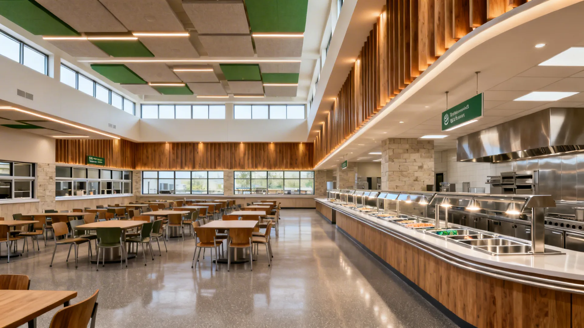 Spacious cafeteria with long food counter wooden tables chairs ceiling panels and large glass windows
