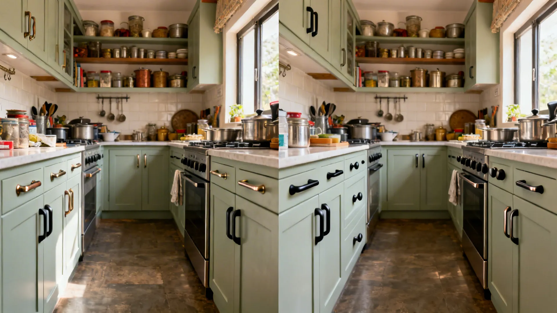 Before and after comparison of a compact kitchen showing upgraded cohesive handle selections.
