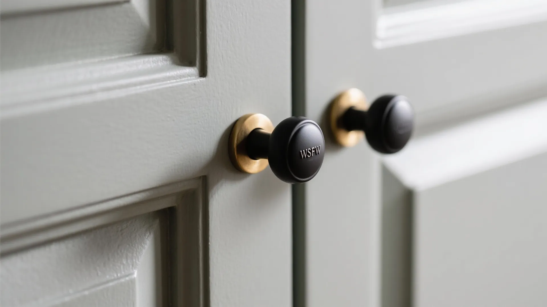 Close up of black round door knobs with gold base on light grey kitchen cabinet doors