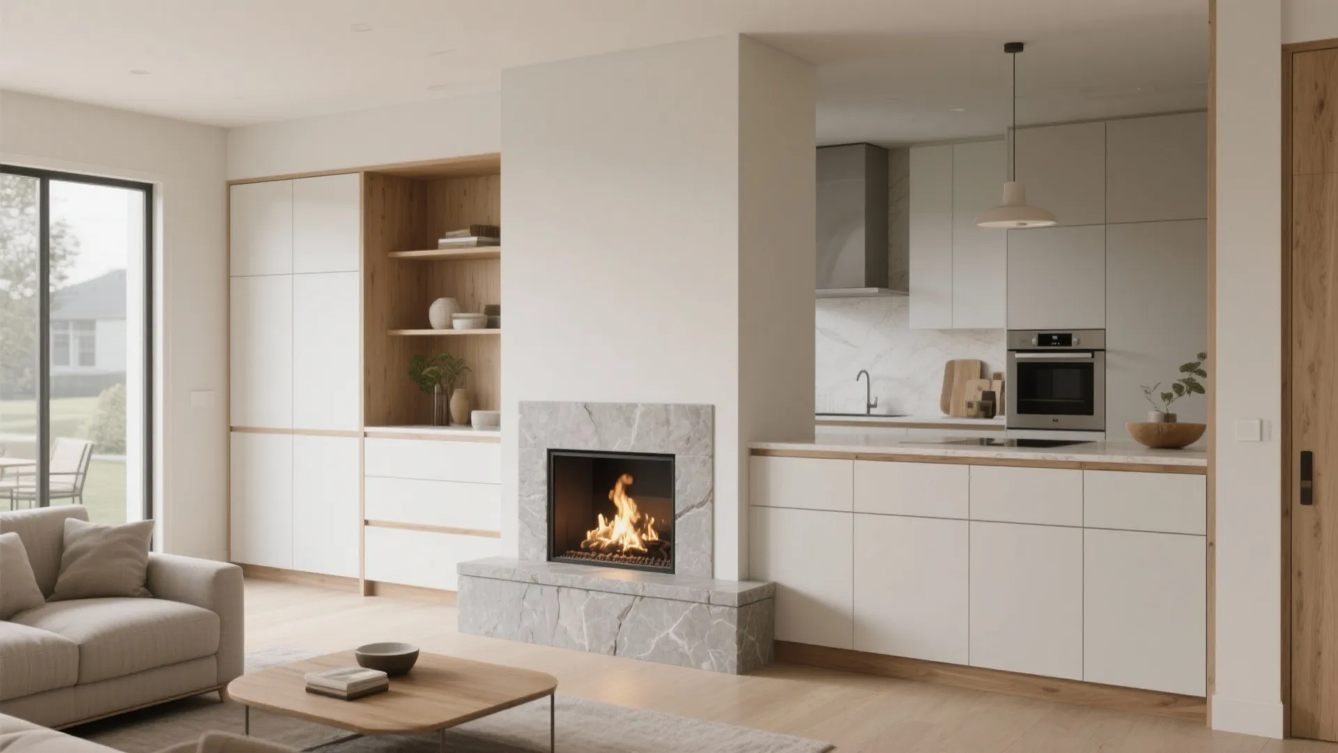 Open plan living area with marble fireplace white kitchen cabinets wooden coffee table and natural light