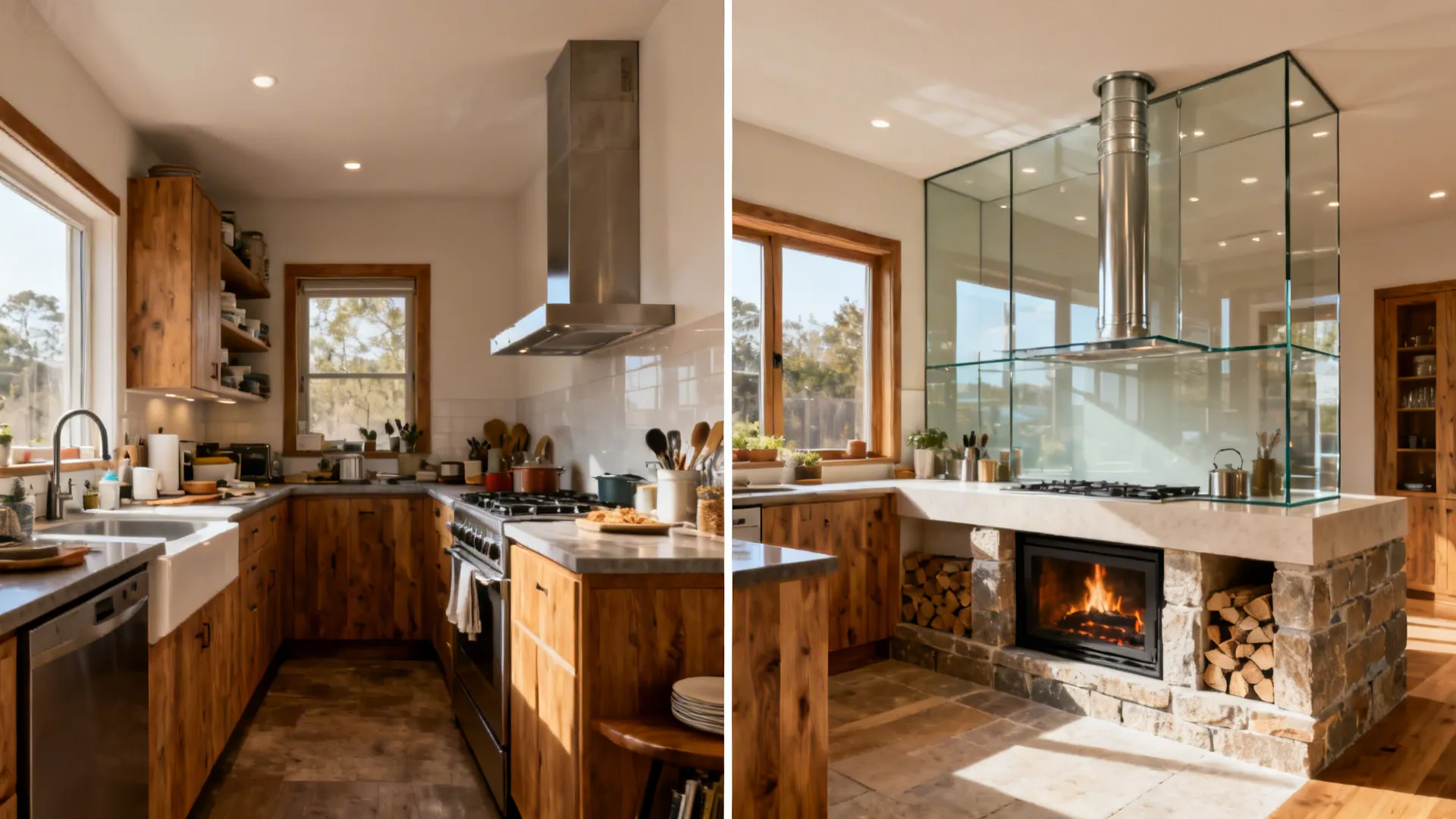 Before-and-after comparison of a compact kitchen upgraded with a ventilated hearth and glass backsplash.