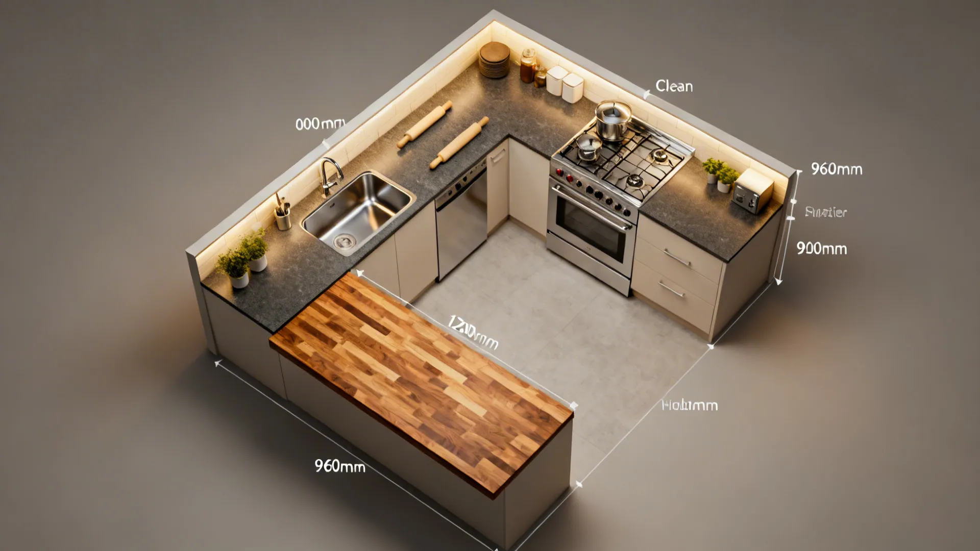 Top-down view of an L-shaped kitchen showing varied counter heights and zones.