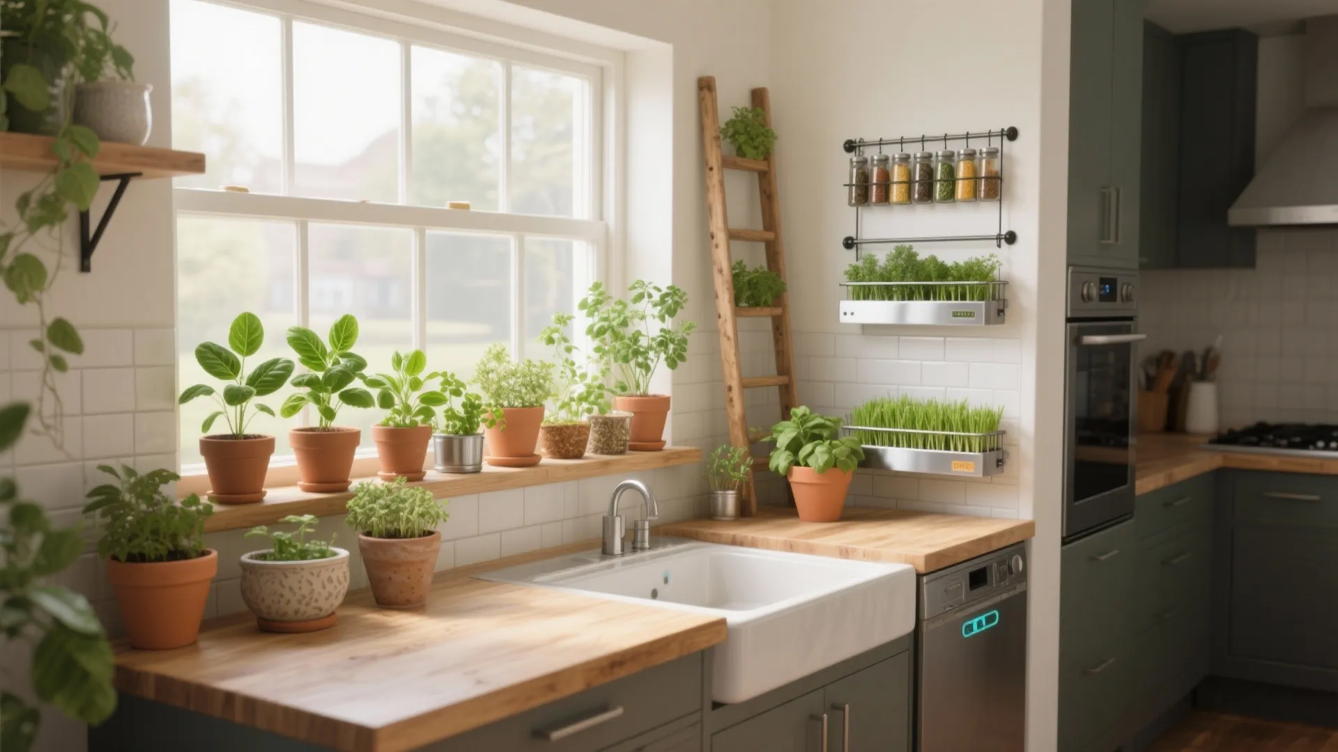 Modern kitchen with green cabinets wooden countertops many potted herbs on windowsill and white sink