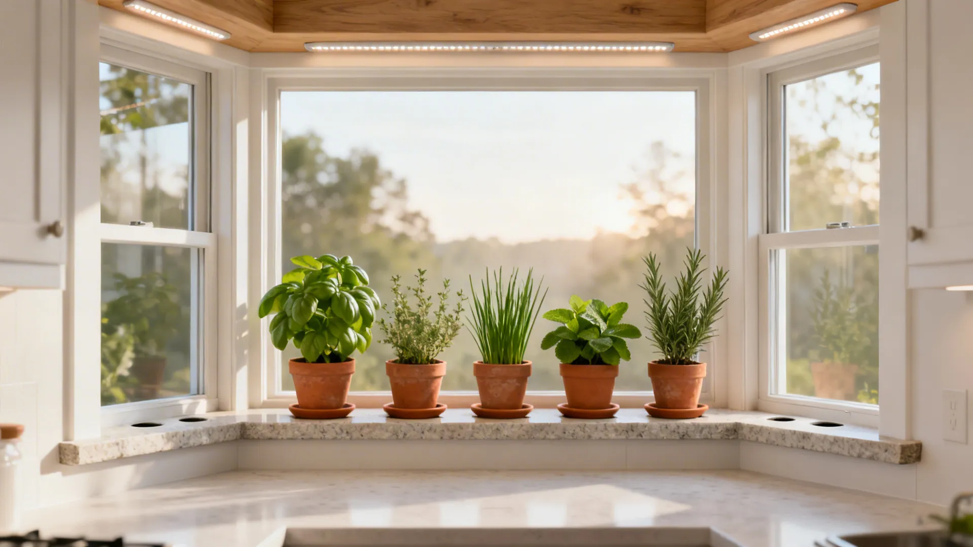 Bay window herb ledge with terracotta pots and recessed saucers on a stone sill.