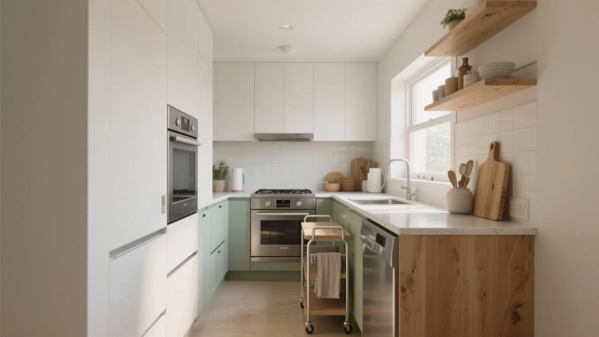 Modern kitchen with white cabinets green base units marble countertop stainless steel oven and wooden shelves