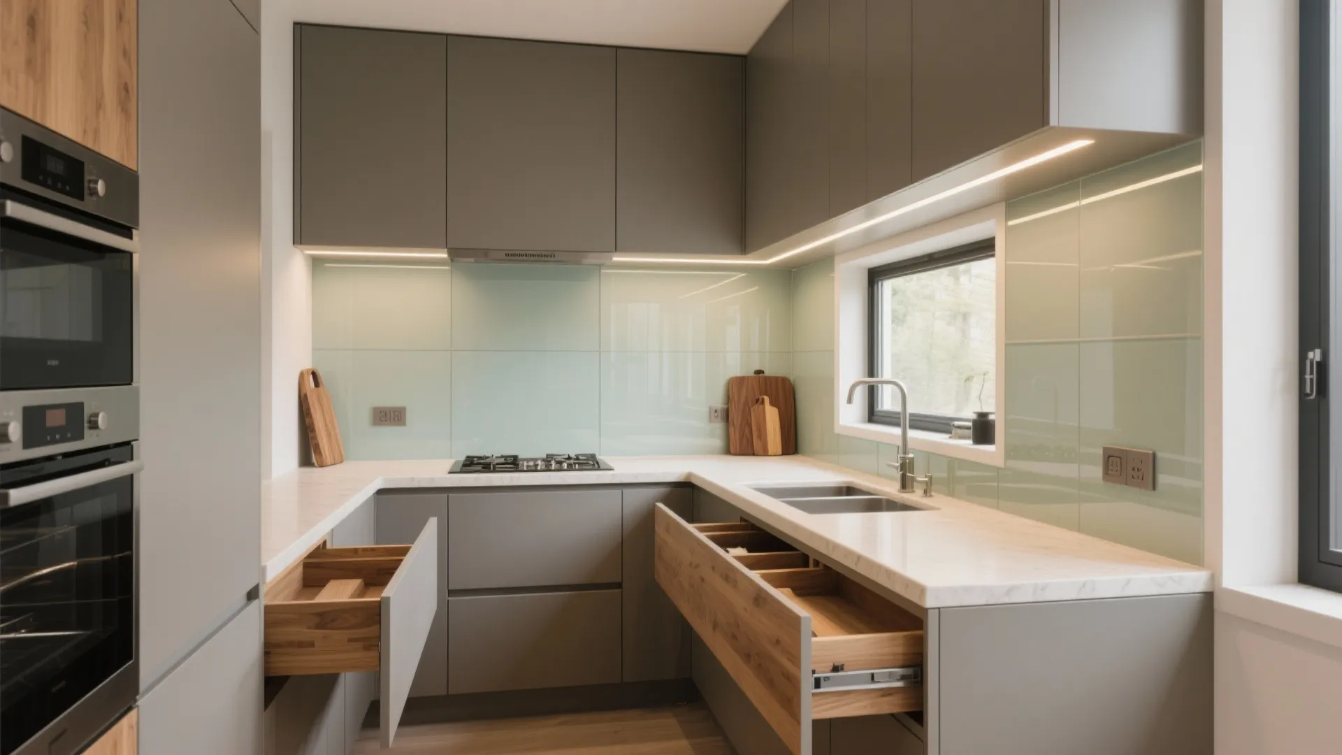 Modern grey kitchen with open wooden drawers white marble countertop and glass wall panel design