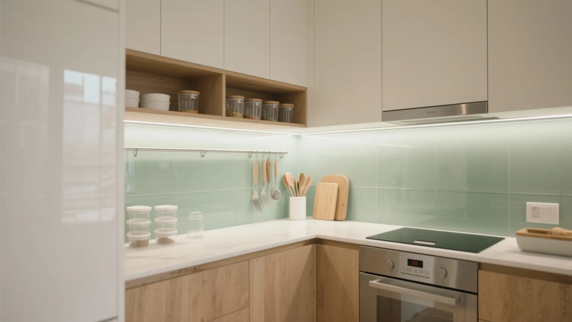 Kitchen with wood cabinets white cupboards light green glass wall panel and hanging cooking tools
