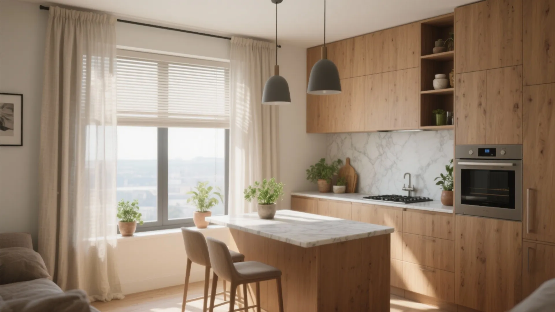 Modern wooden kitchen with island counter two chairs ceiling lights and large windows with curtains