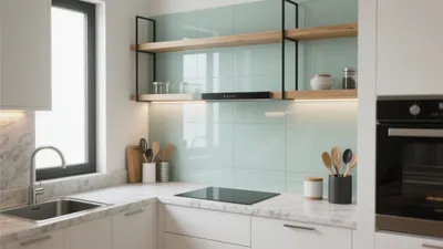 Modern Kitchen with Mint Tile Backsplash & Open Shelving