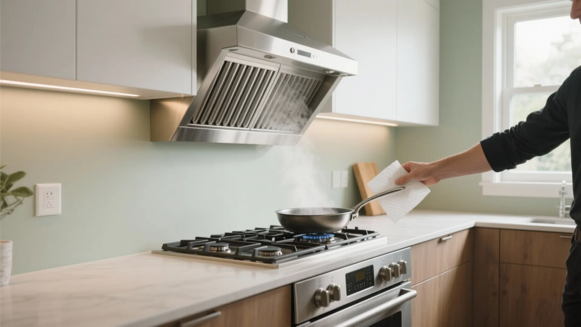 Stainless steel kitchen hood over gas stove with steam rising from pan in modern kitchen