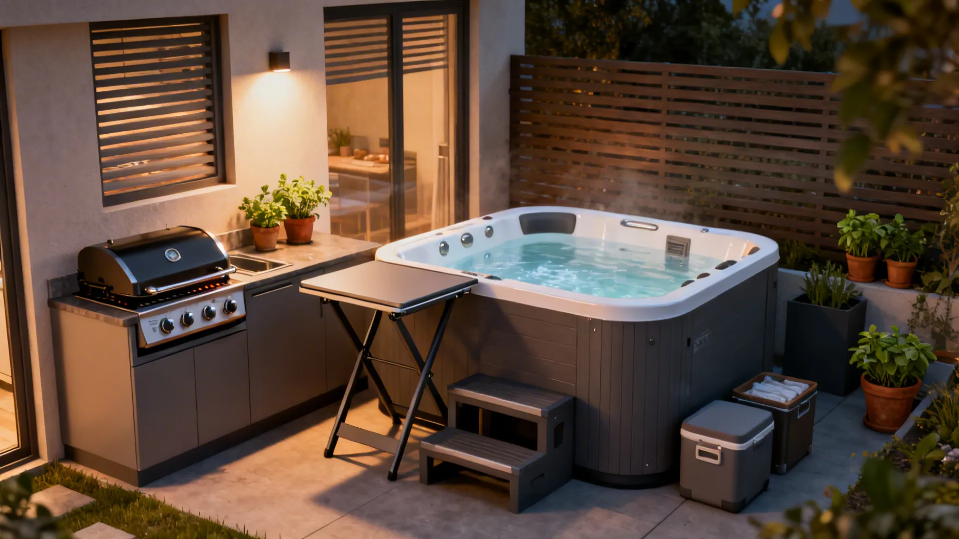 Compact outdoor kitchen placed next to a small hot tub, showing slimline grill and folding counters with safe separation.