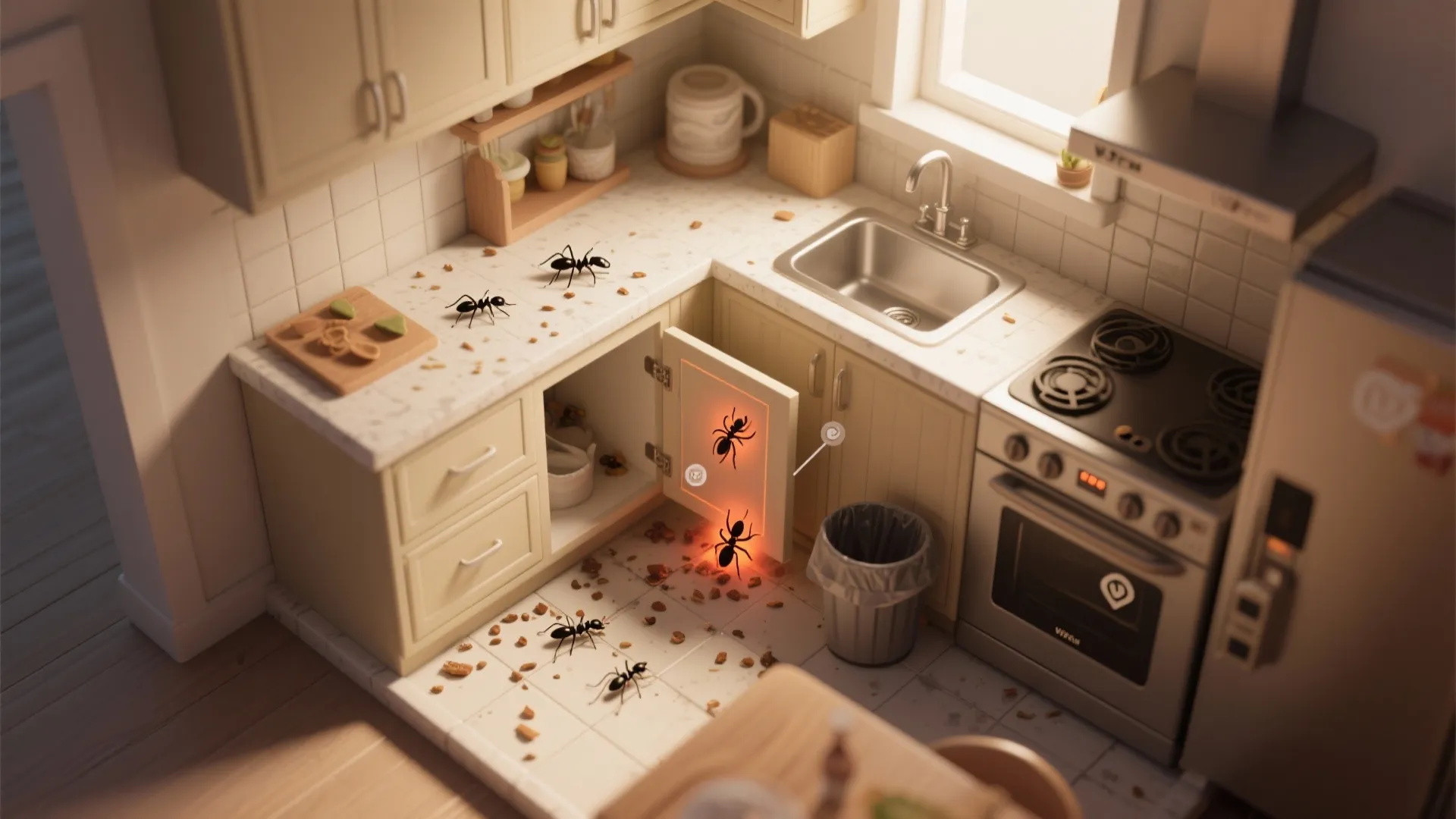 Miniature kitchen model showing ants crawling on the counter floor and inside an open cabinet