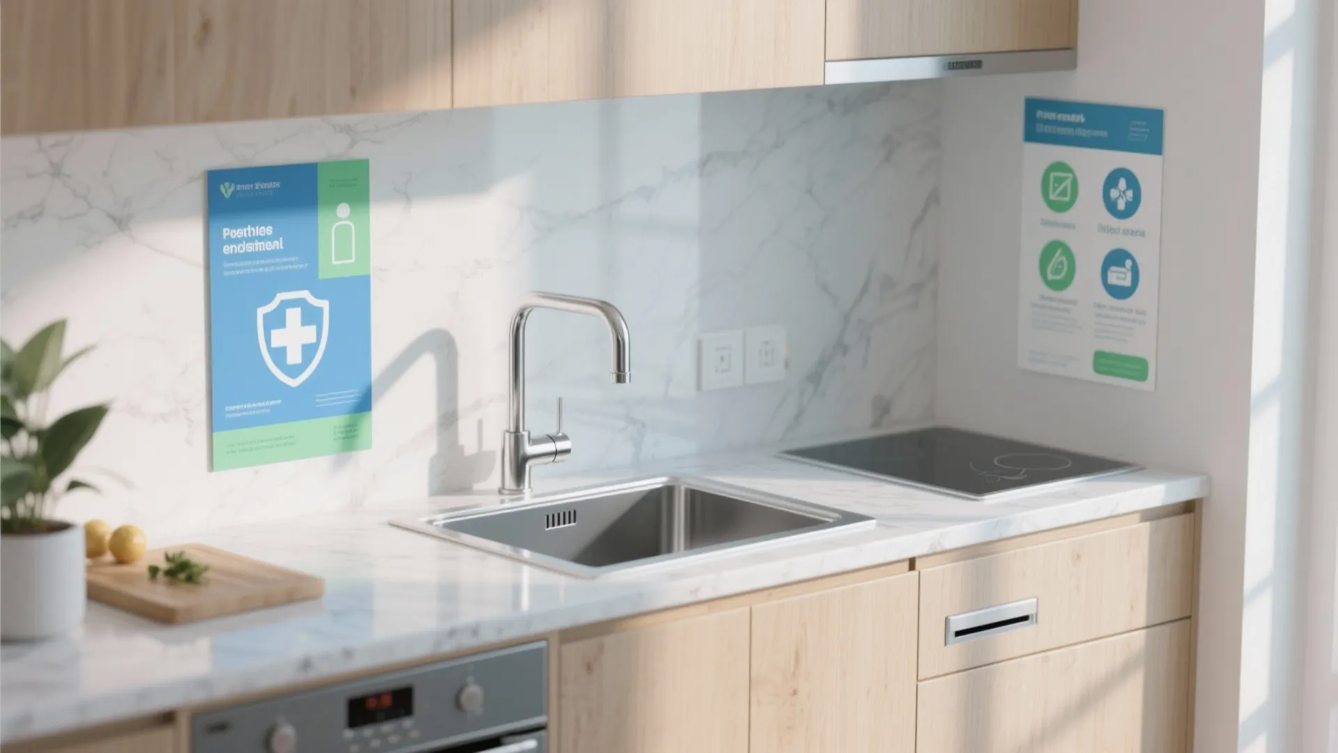 Bright modern kitchen with marble countertop, steel sink, wood cabinets, stove, and blue health posters