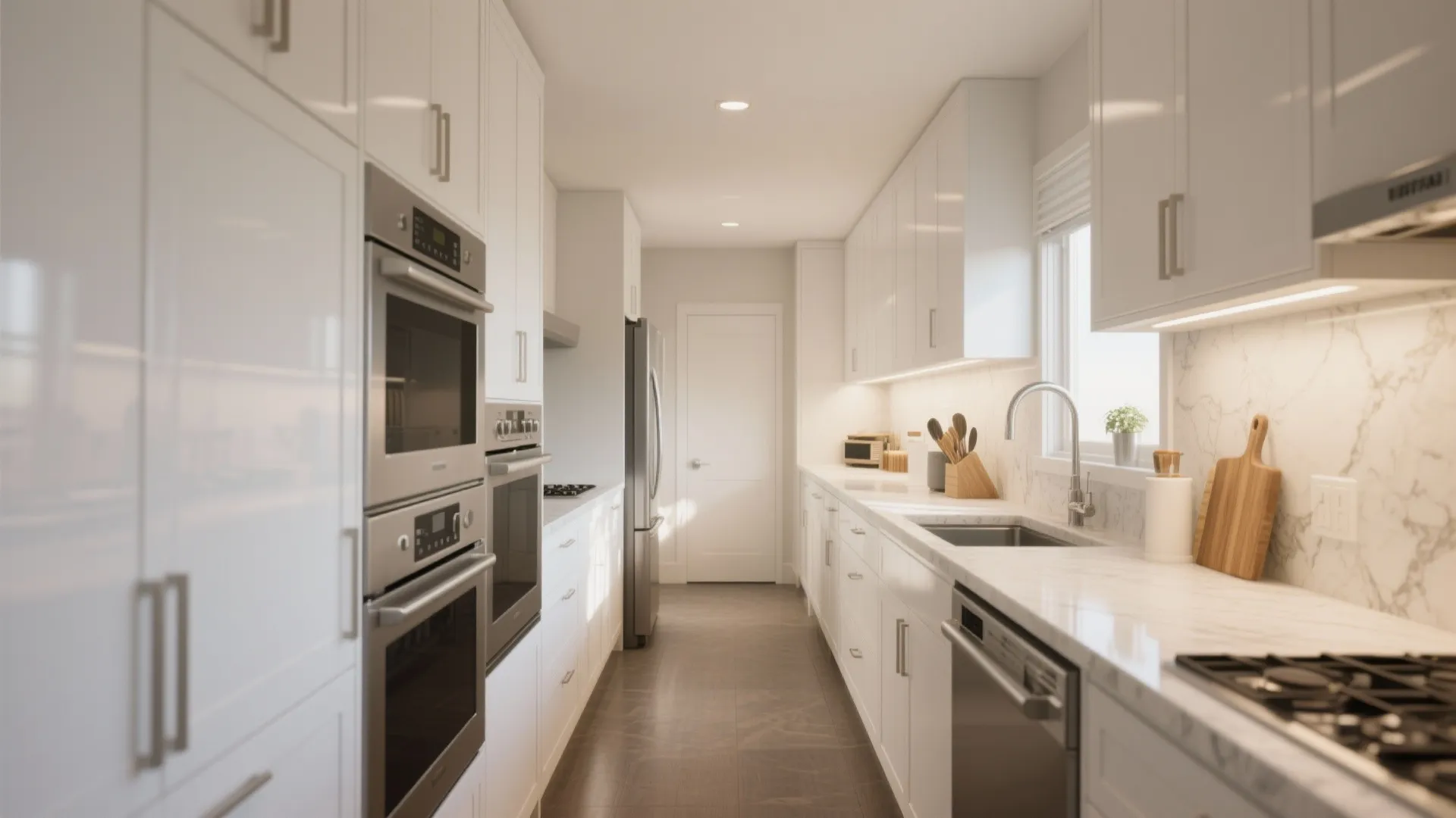 Clean white galley kitchen with marble countertops stainless steel appliances and bright recessed ceiling lights