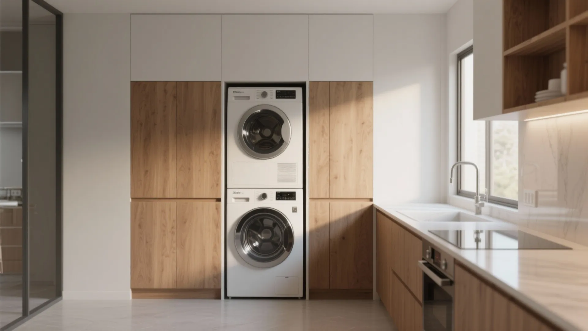 Modern kitchen with white washing machine stacked between wood cabinets next to sink and stove