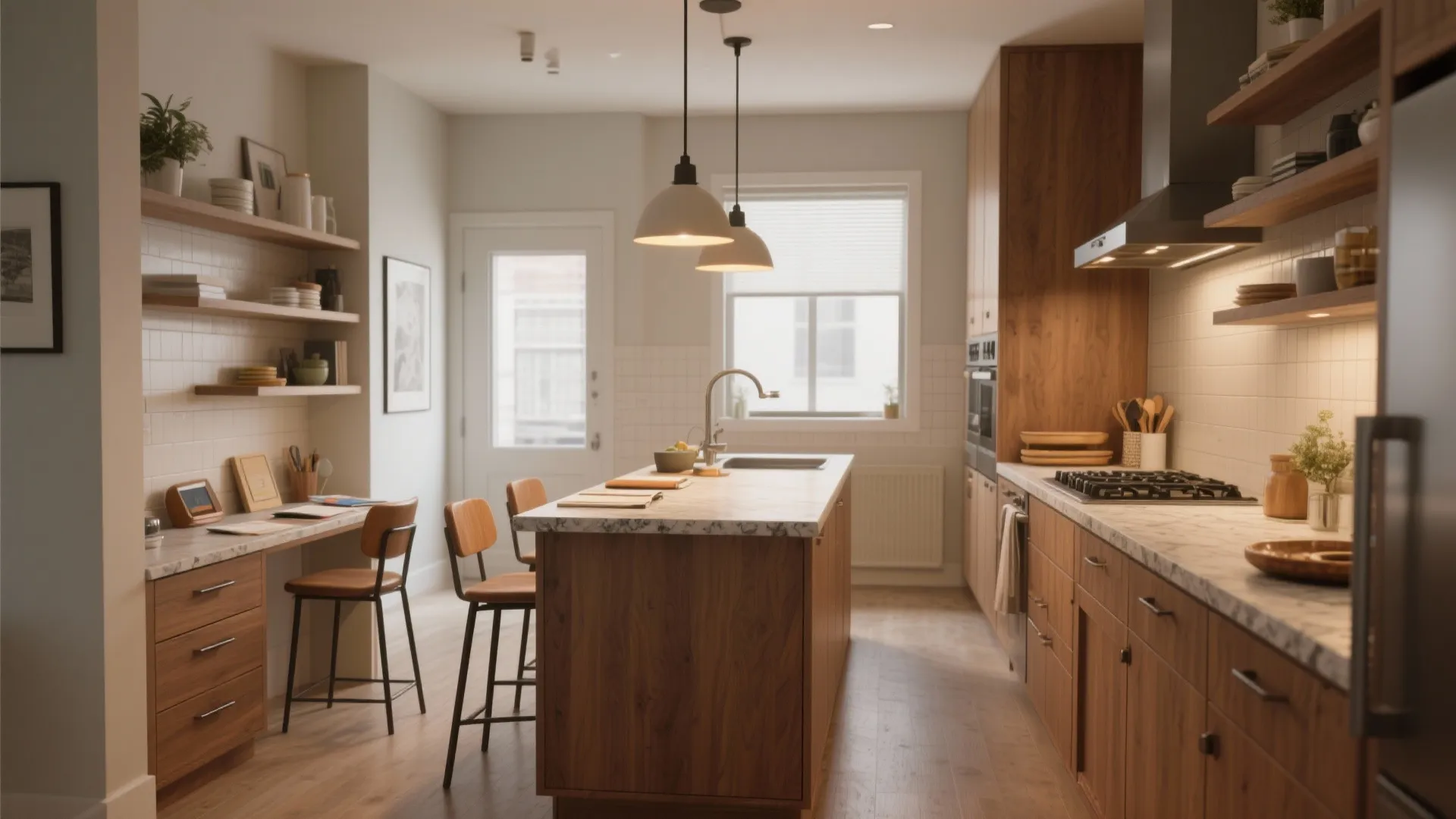 Modern kitchen with wooden island marble countertop brown cabinets bar stools and hanging white lights