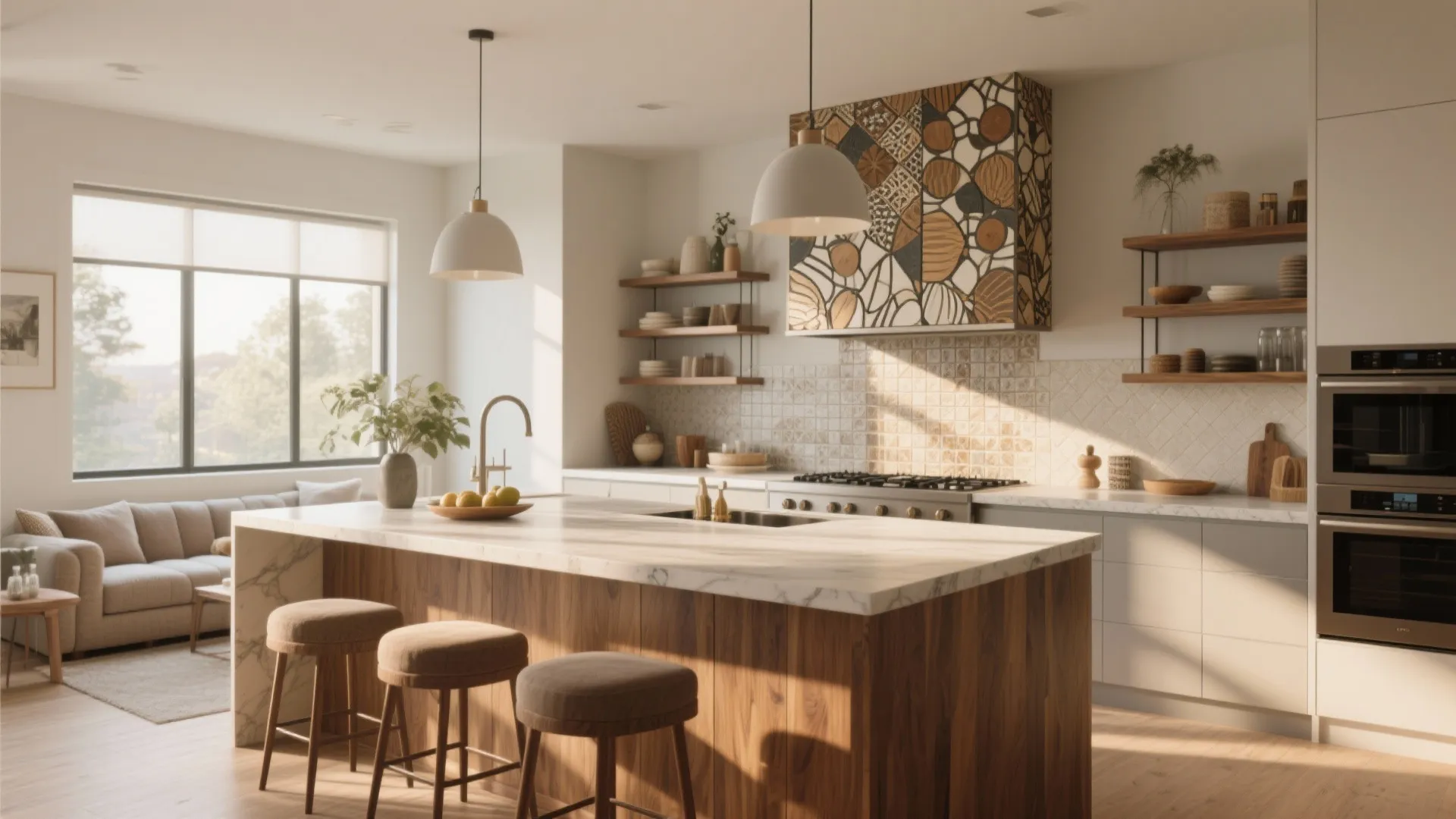 Modern kitchen with wood island three bar stools ceiling lights and marble counters with sofa
