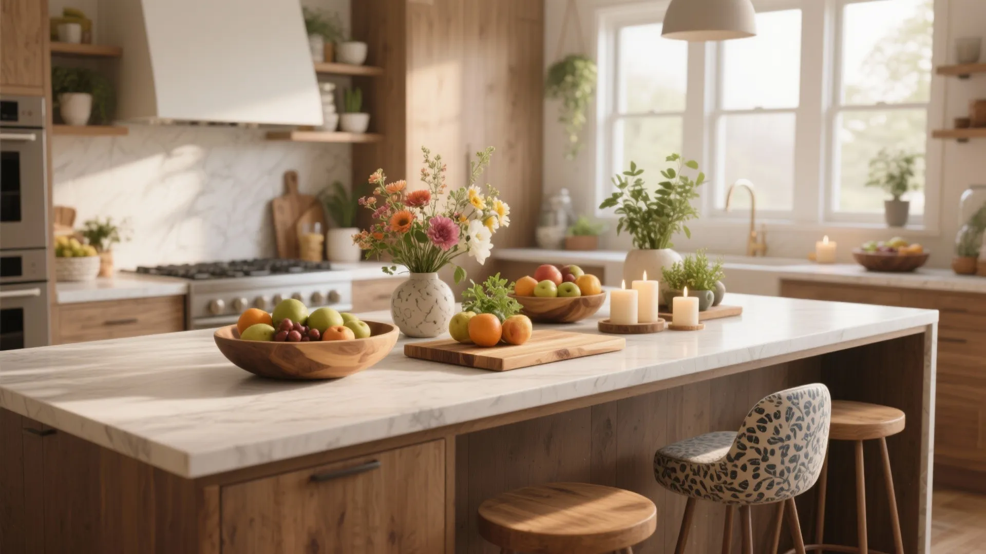 Modern kitchen island featuring a marble countertop with wooden fruit bowls candles and flower vase
