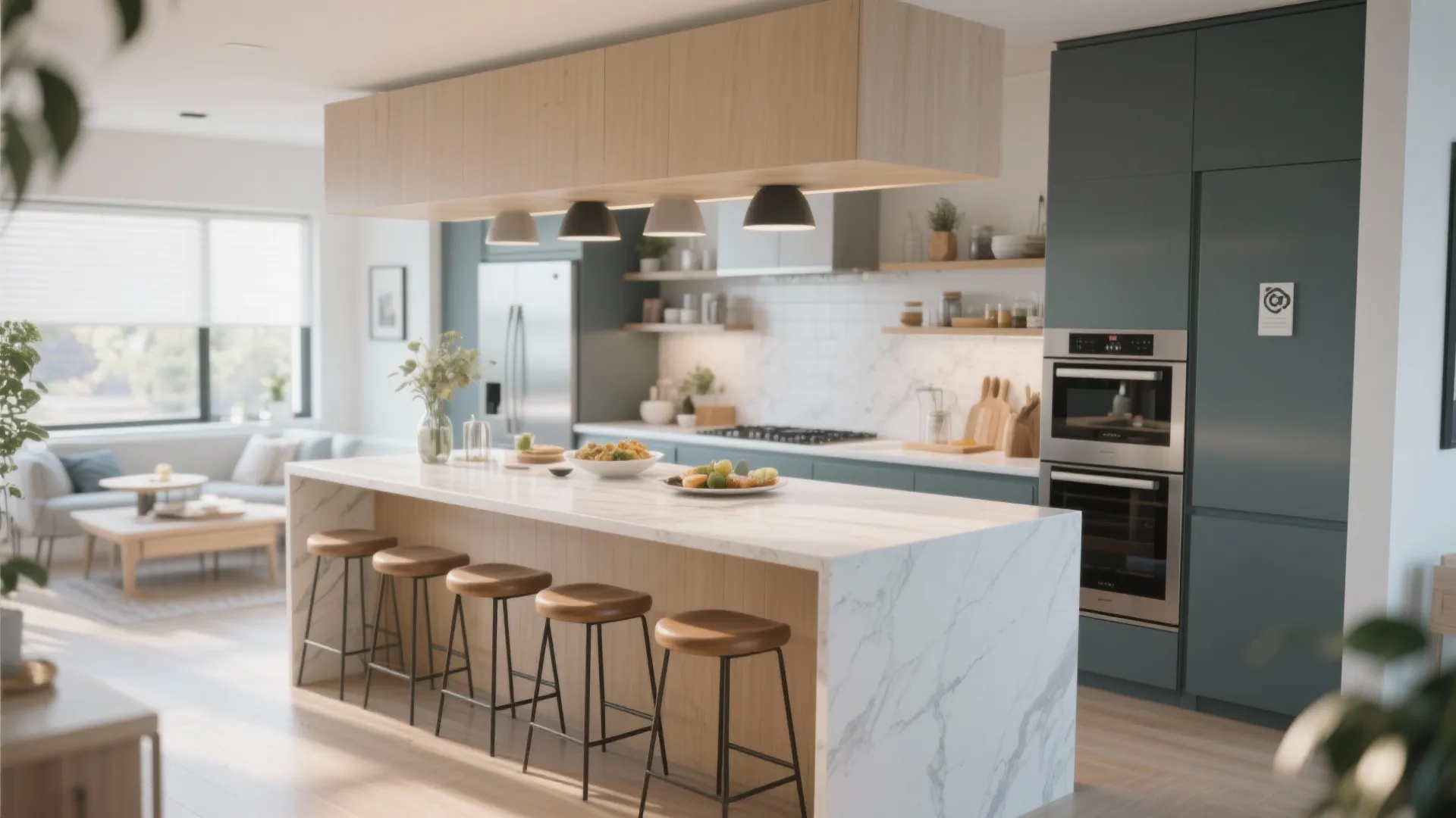 Modern kitchen with marble island, blue cabinets, wooden bar stools, ceiling lights, and open living area