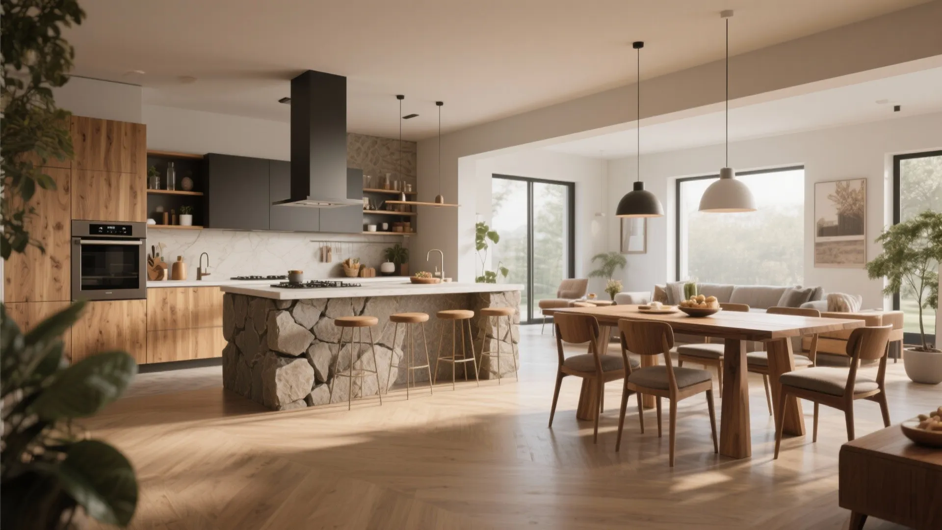 Open plan kitchen with stone island wooden dining table grey sofa large windows and natural light