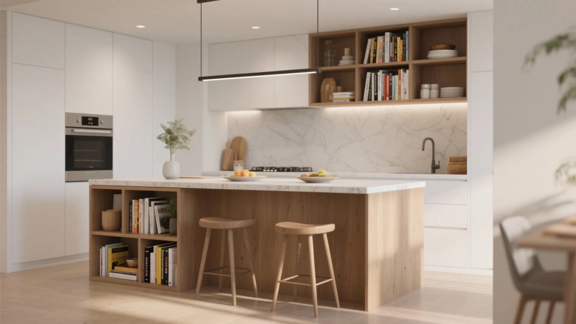 Modern kitchen island with wooden base, white countertop, two stools, shelves, and white wall cabinets