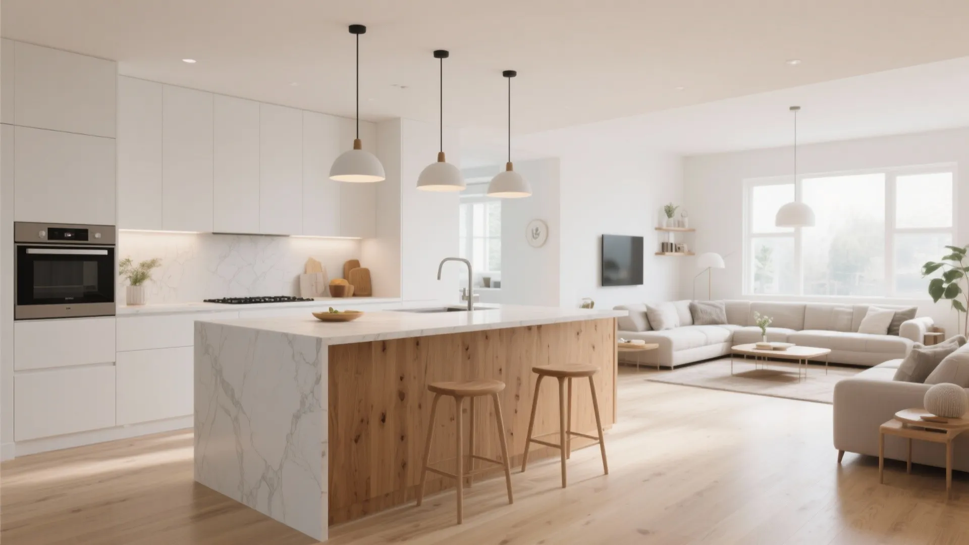 Kitchen island acting as a subtle divider in open-plan space
