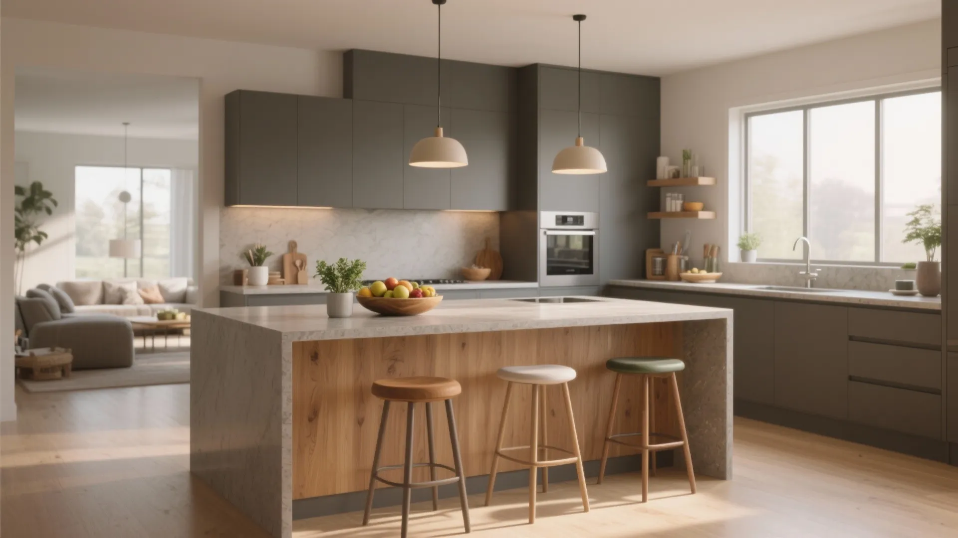 Contemporary dark grey kitchen featuring wood island with three bar stools and two pendant ceiling lights