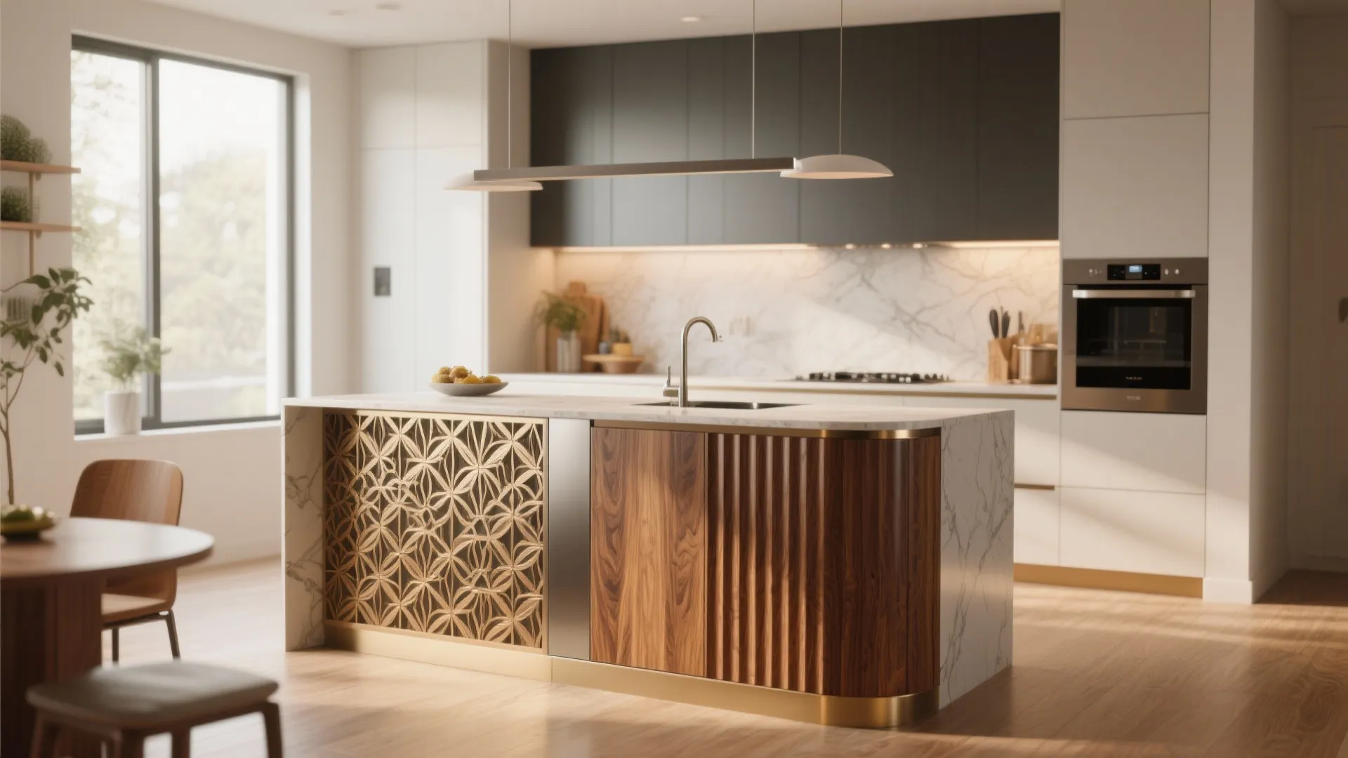 Modern kitchen island with gold patterns and wood fluted panels under long hanging ceiling light
