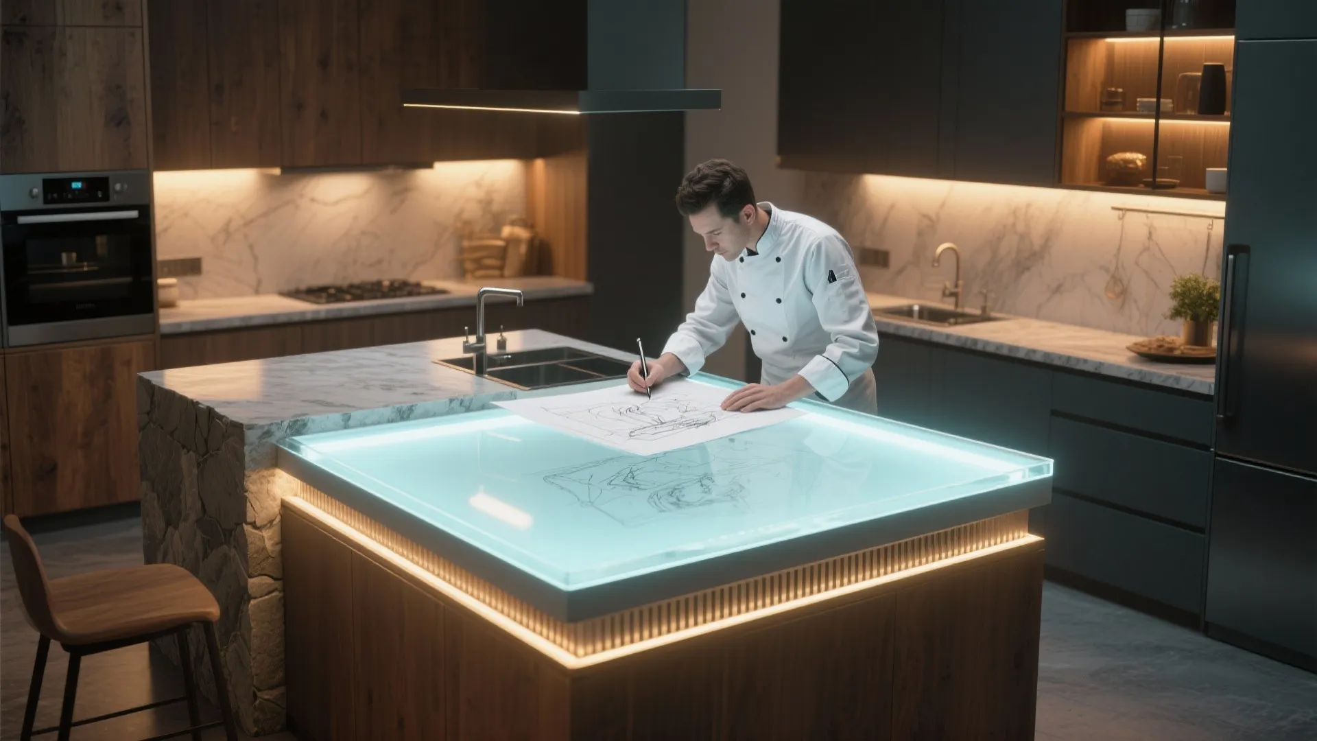 Man in white coat sketching on a glowing kitchen island within a modern dark kitchen