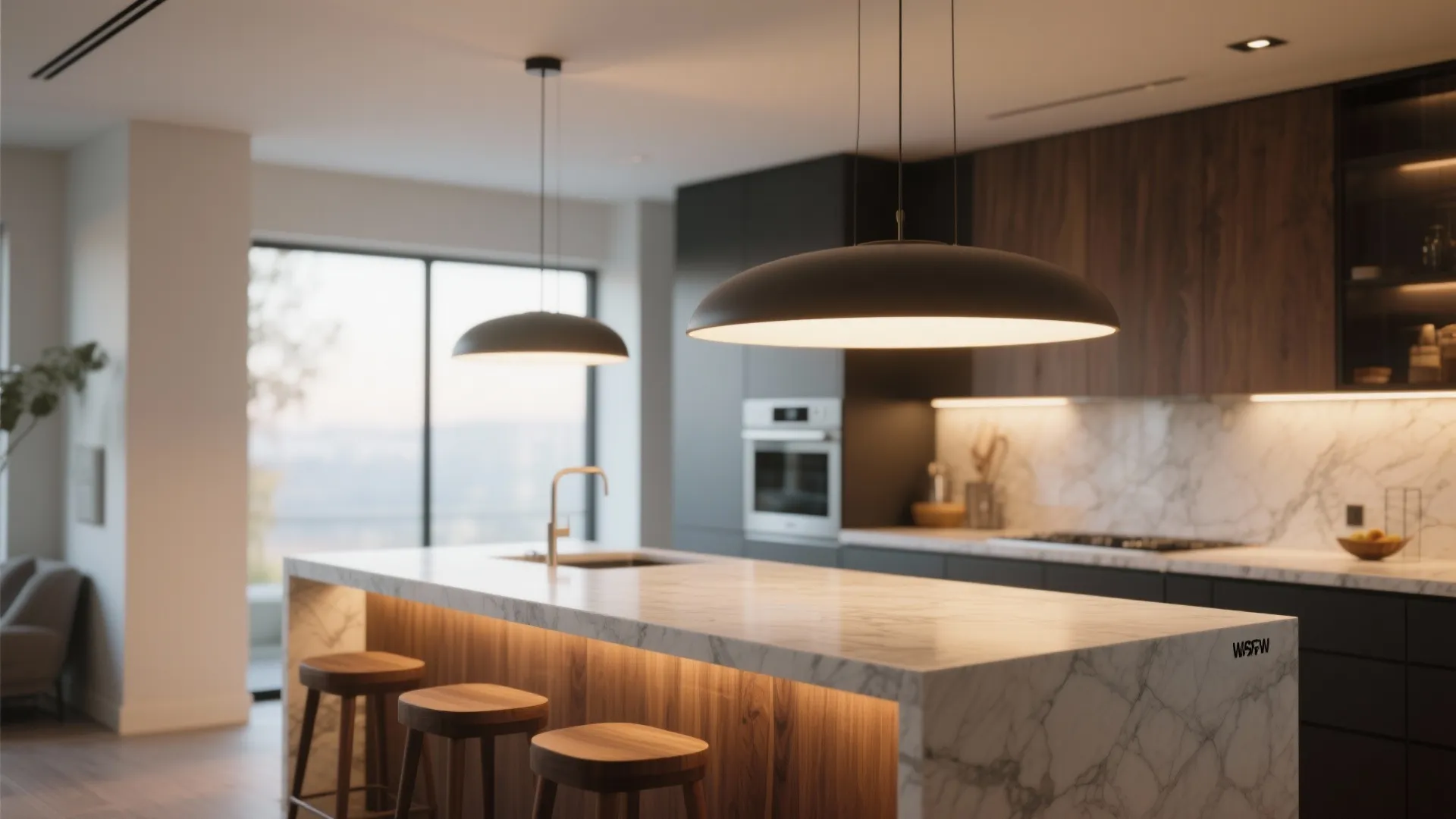 Modern kitchen island with dramatic pendant lighting