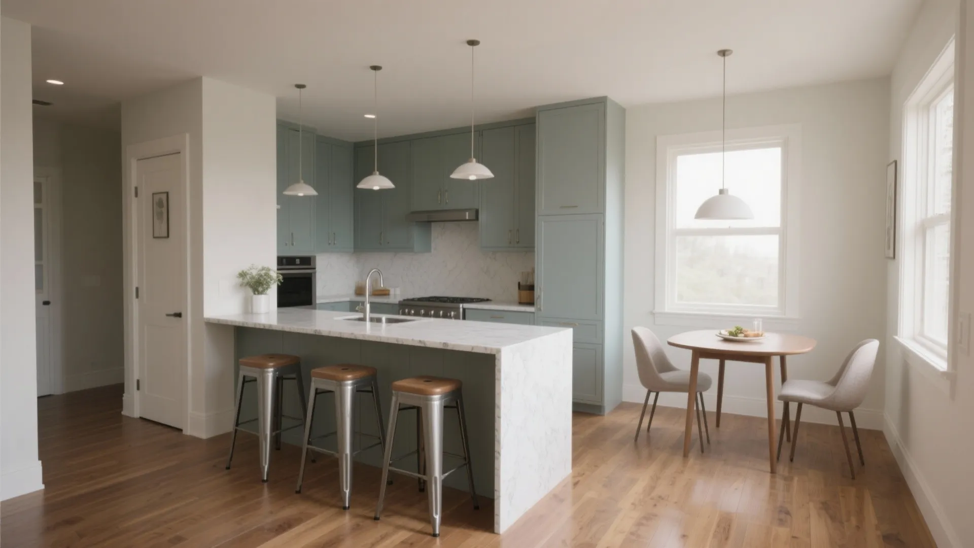 Modern kitchen with green cabinets white marble island metal bar stools and small round dining table