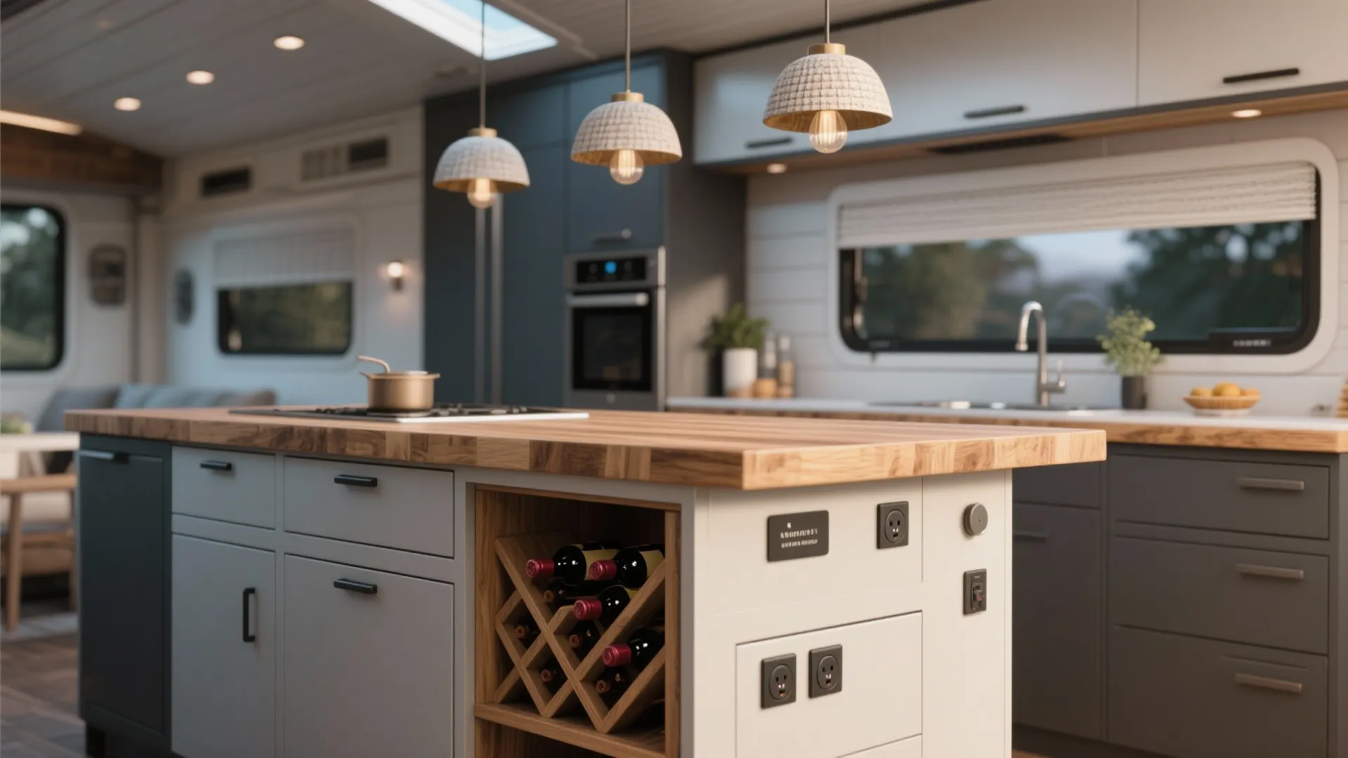 Kitchen island with wooden countertop integrated wine rack three ceiling lights and grey storage cabinets
