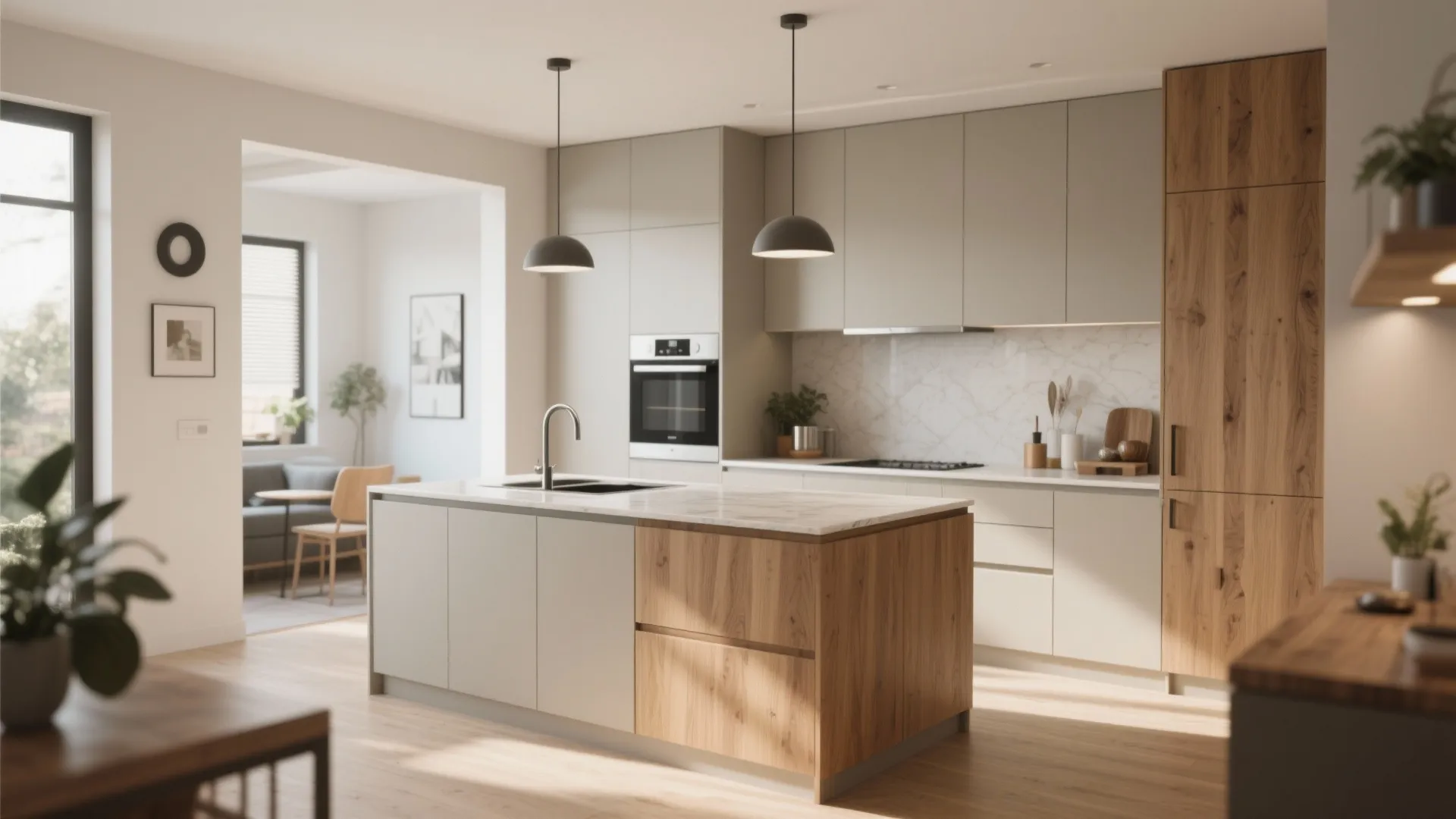 Modern kitchen with wood island marble countertop black ceiling lights white cabinets and wooden flooring