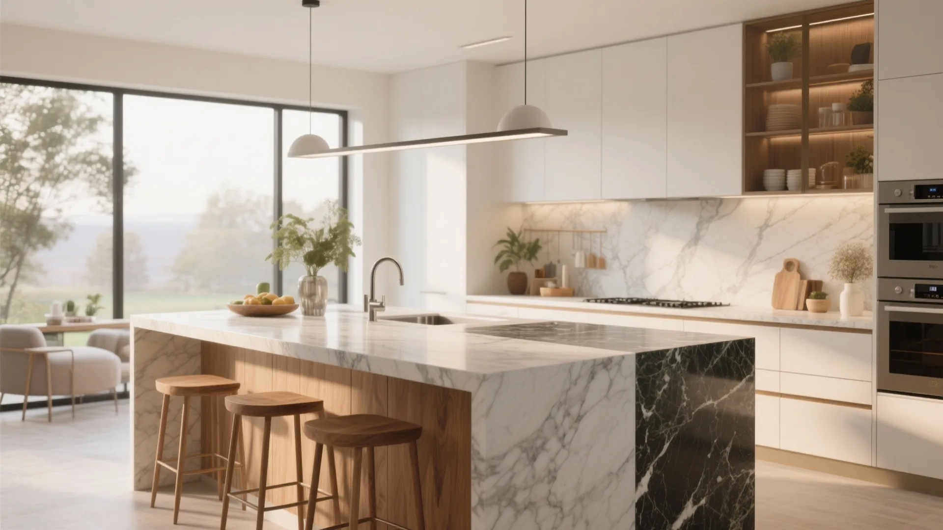 Contemporary kitchen with marble island wooden bar stools ceiling light white cabinets and black marble details