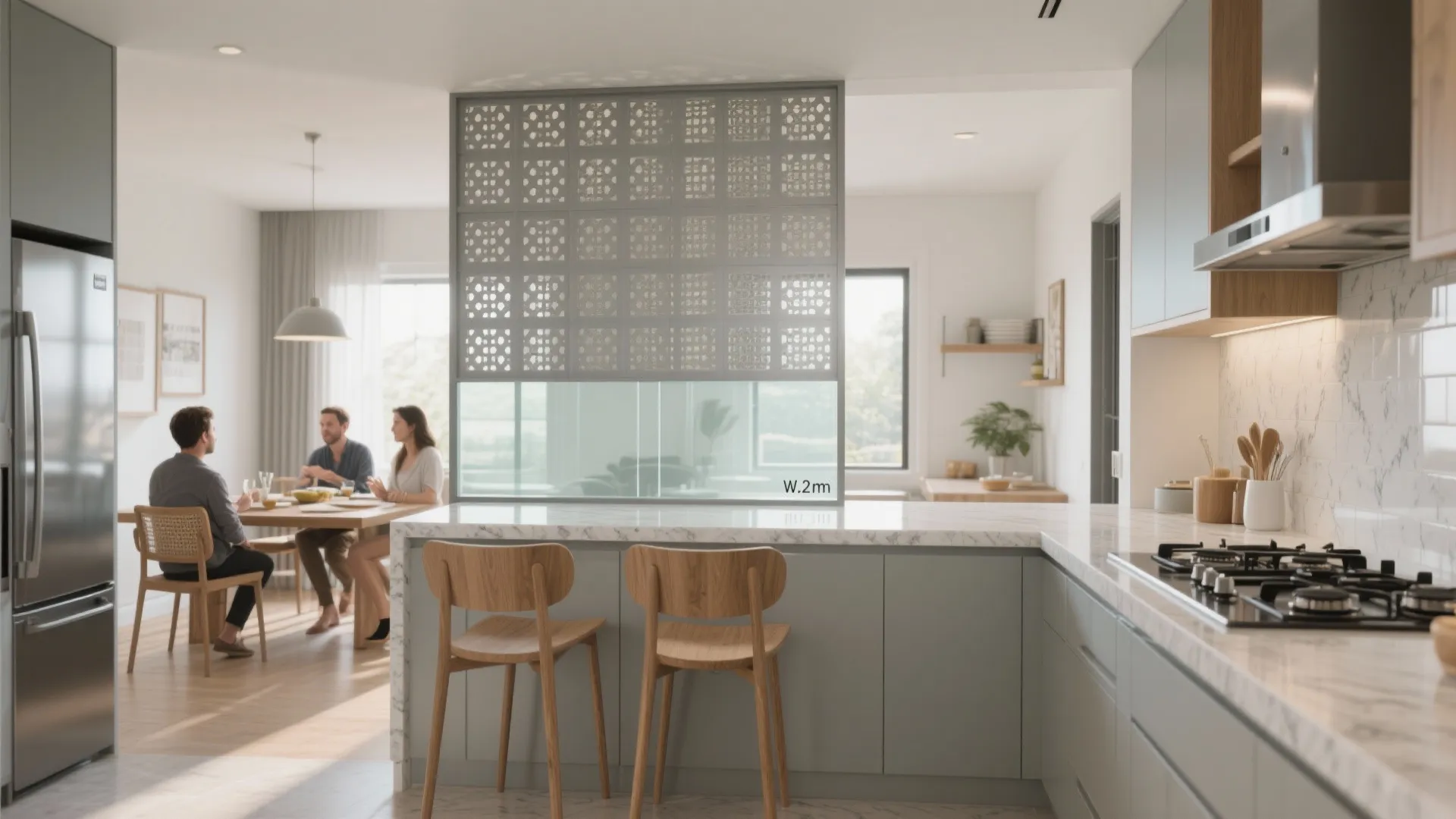 Half-height kitchen jali screen to zone without closing
