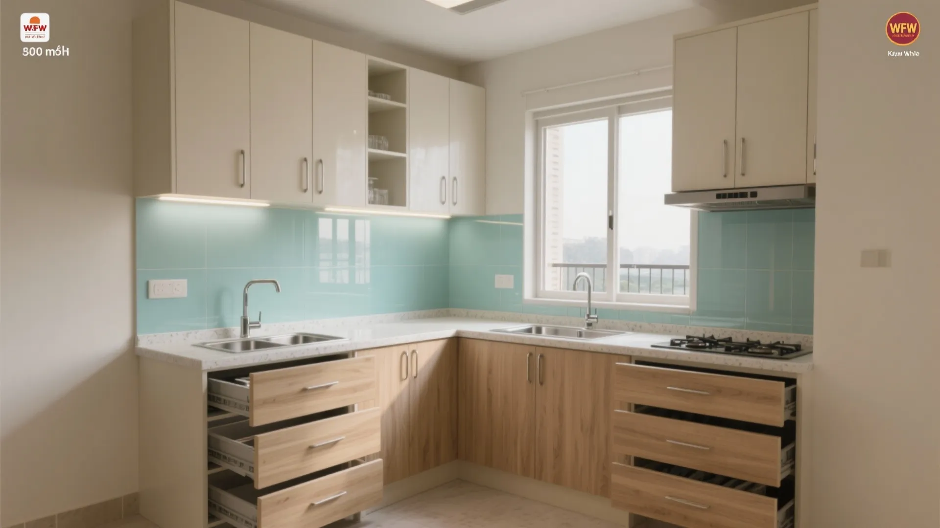 L-shaped kitchenette with vertical storage