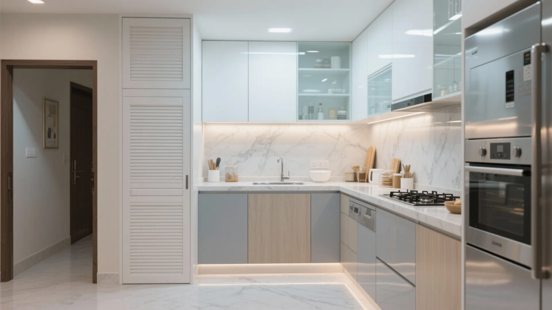 Modular kitchen with an L- or parallel layout and a light-bouncing backsplash