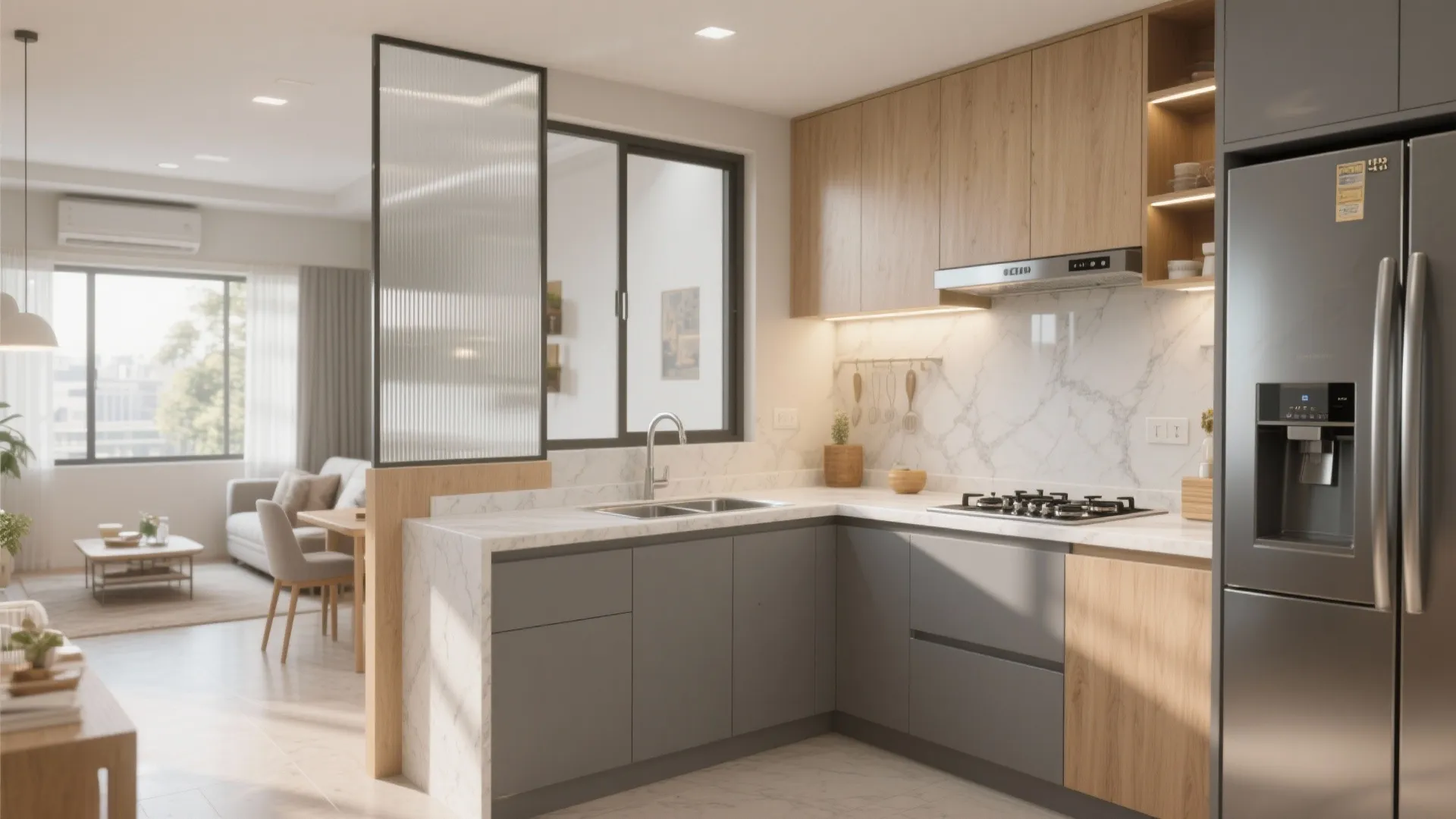 Idea 1: An L-shaped kitchen that shares light with the living-dining