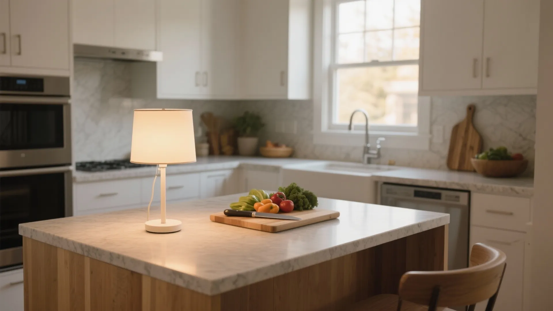 Table lamp on a kitchen island with vegetables on a cutting board and white cabinets