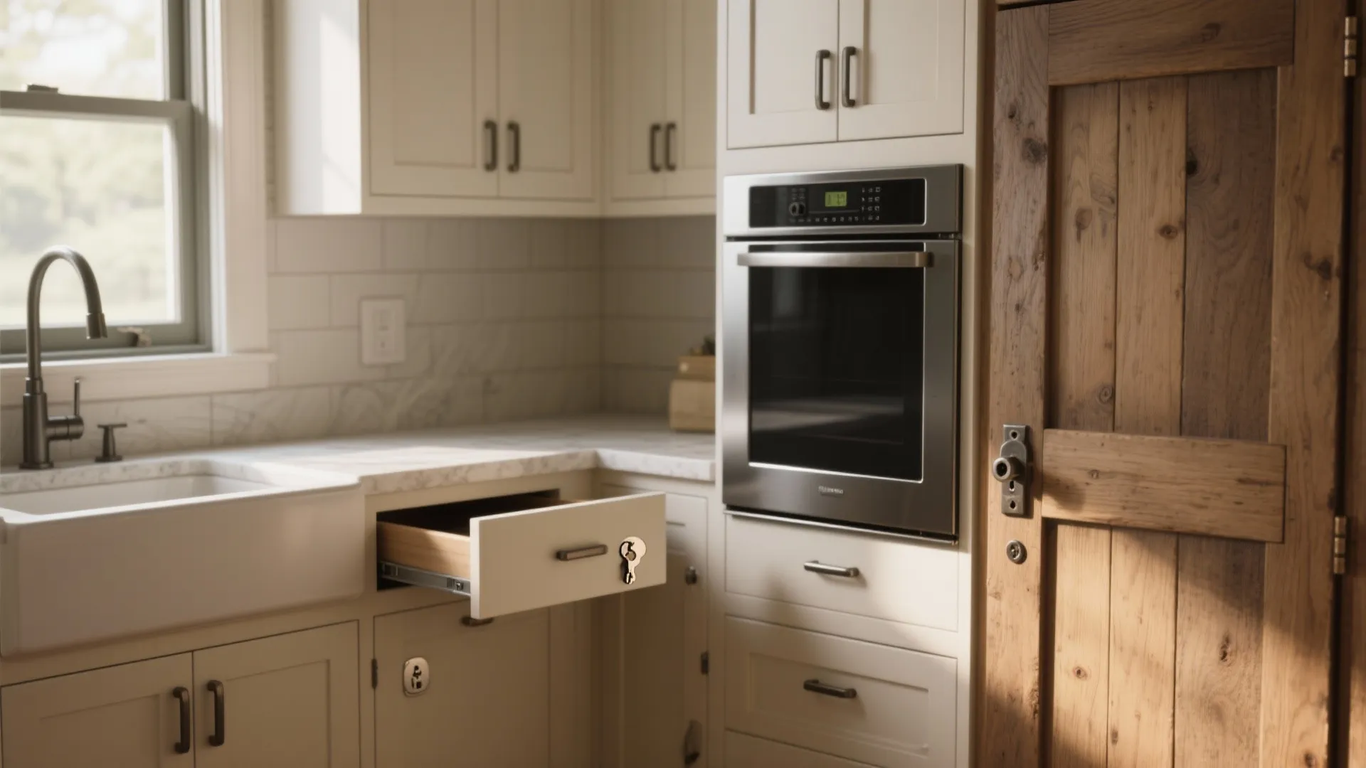 Modern kitchen with white cabinets, silver oven, farmhouse sink, and a wooden door with lock