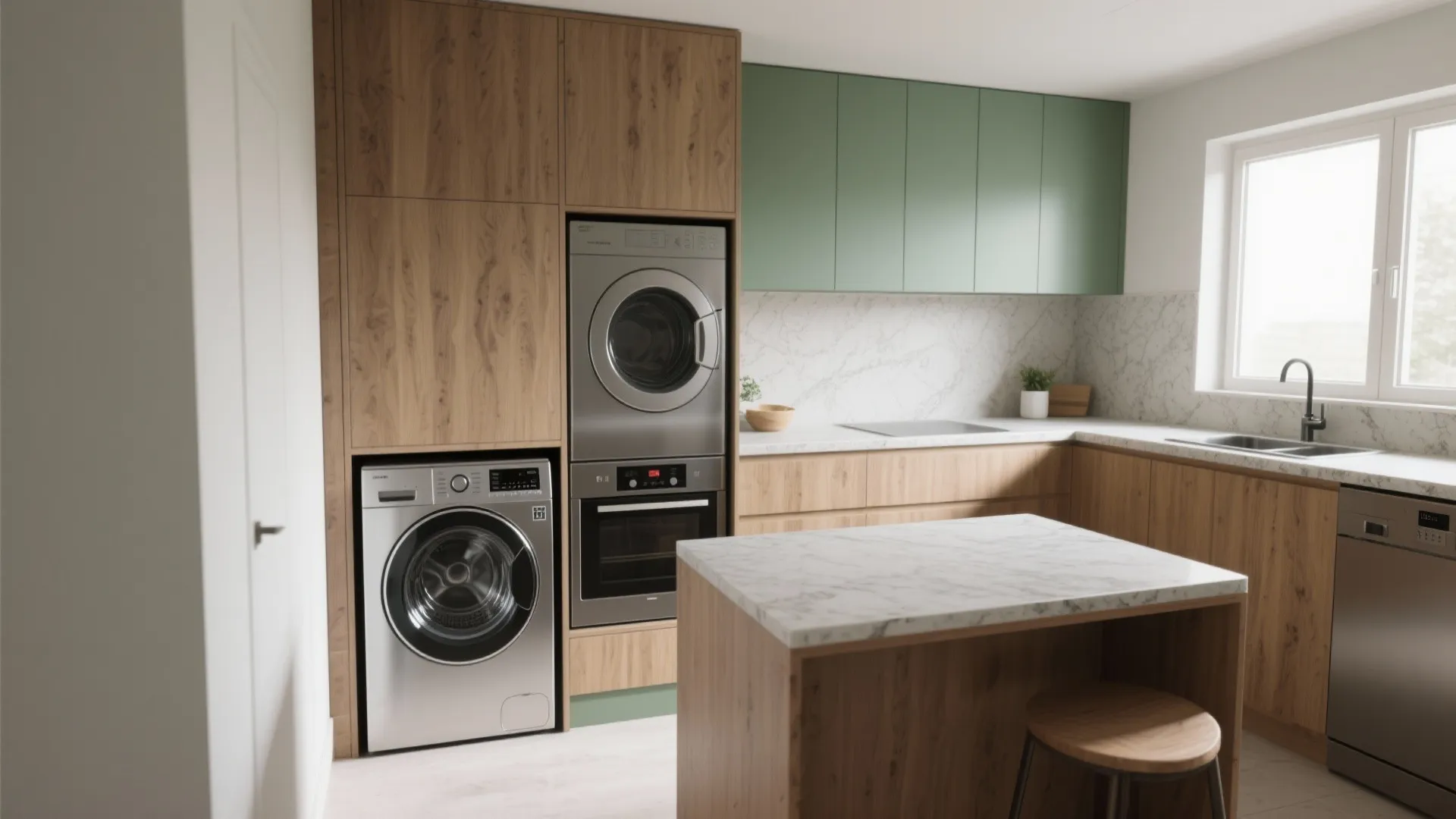 Modern kitchen with wood cabinets integrated washing machine dryer and green wall units for storage space