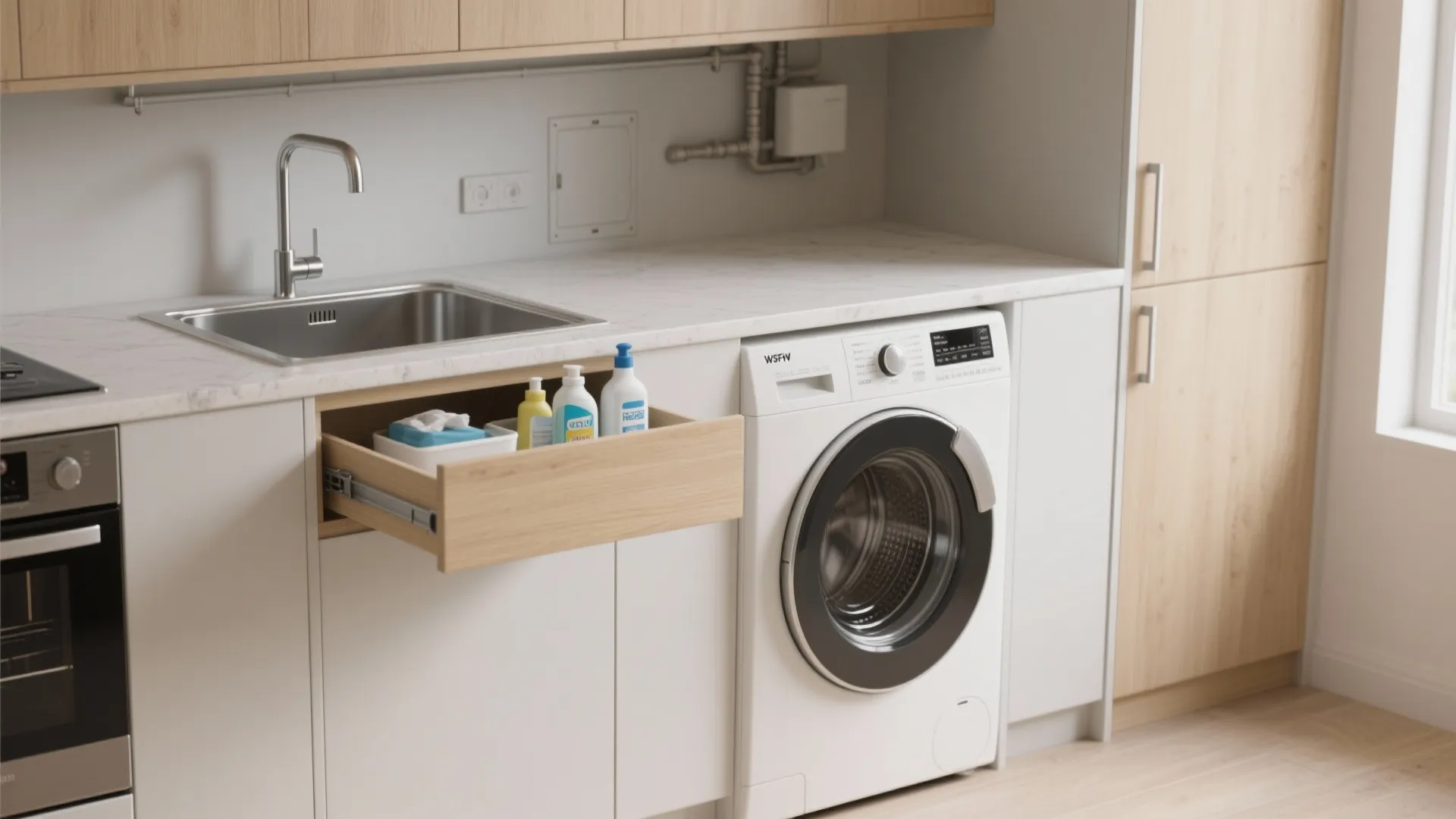 White washing machine integrated into kitchen cabinets next to a sink with an open drawer