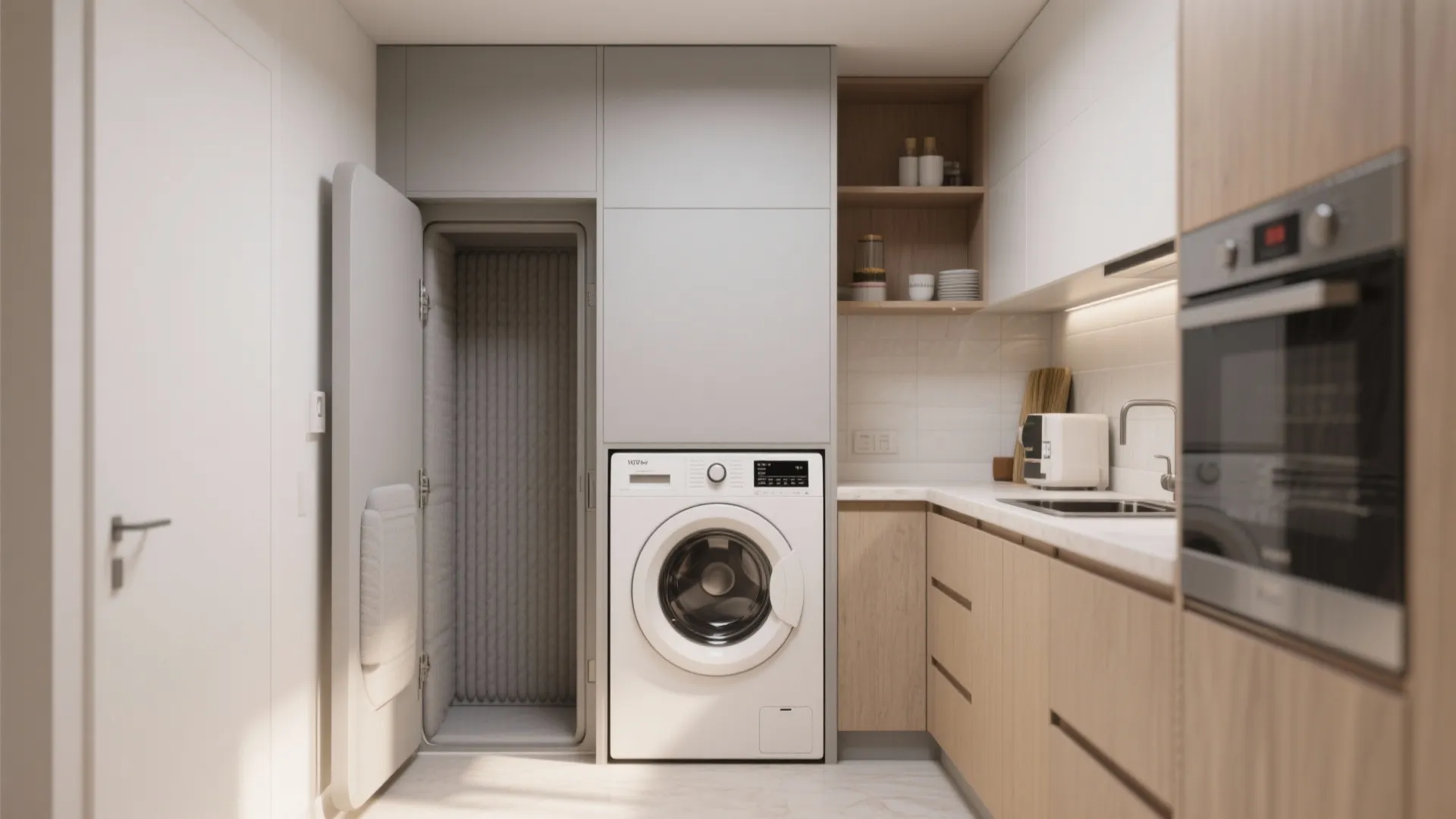 Small kitchen layout with wood cabinets white washing machine built-in oven and open storage shelves