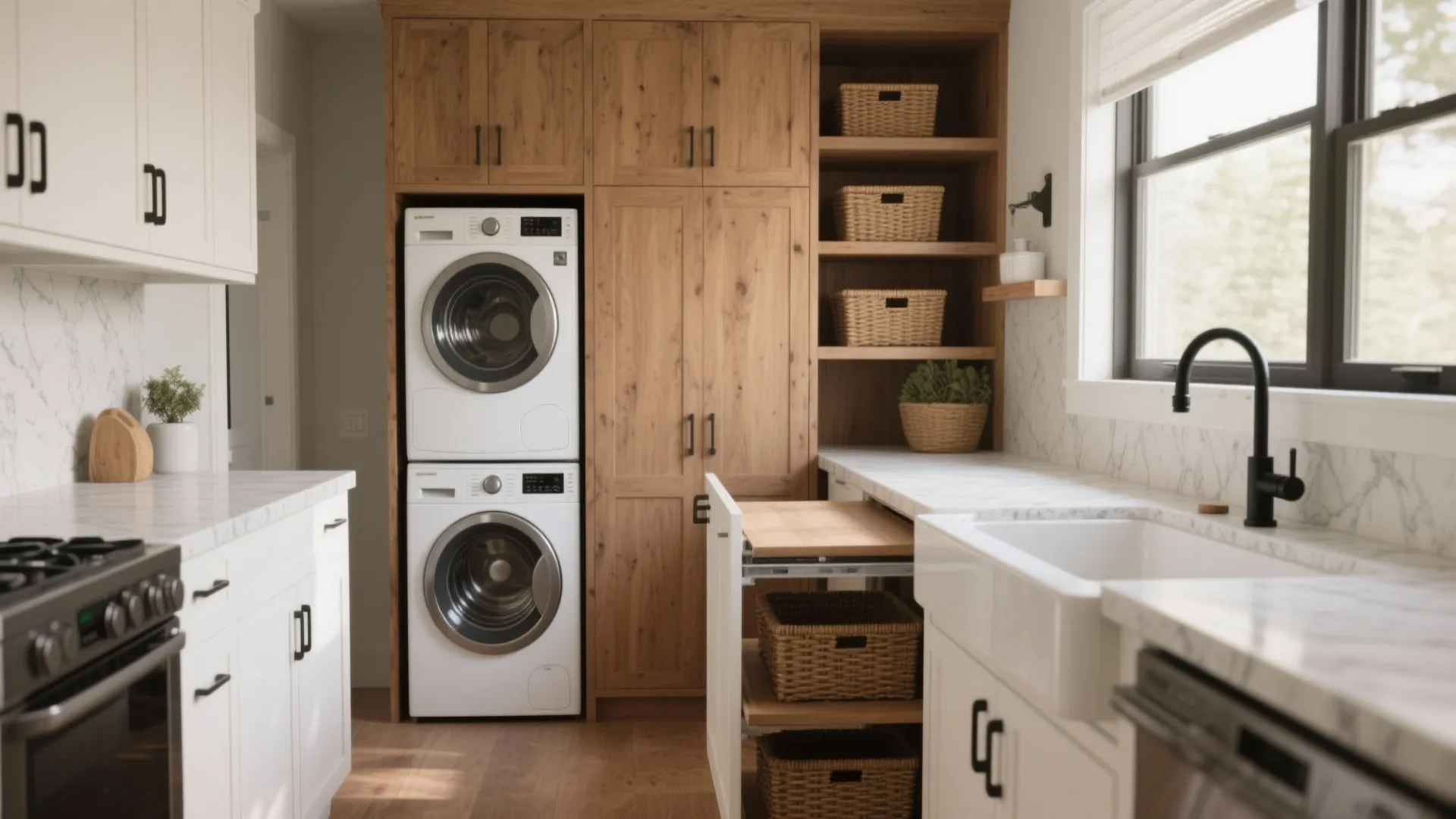Modern laundry room with stacked washer and dryer integrated into wooden cabinets beside a white sink