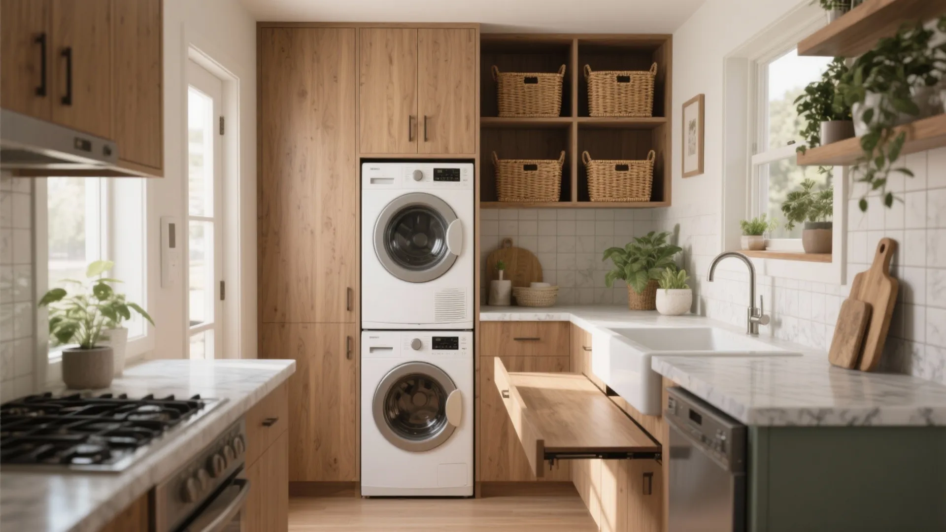 Modern kitchen with wood cabinets stacked white washing machine marble countertop and wooden storage baskets