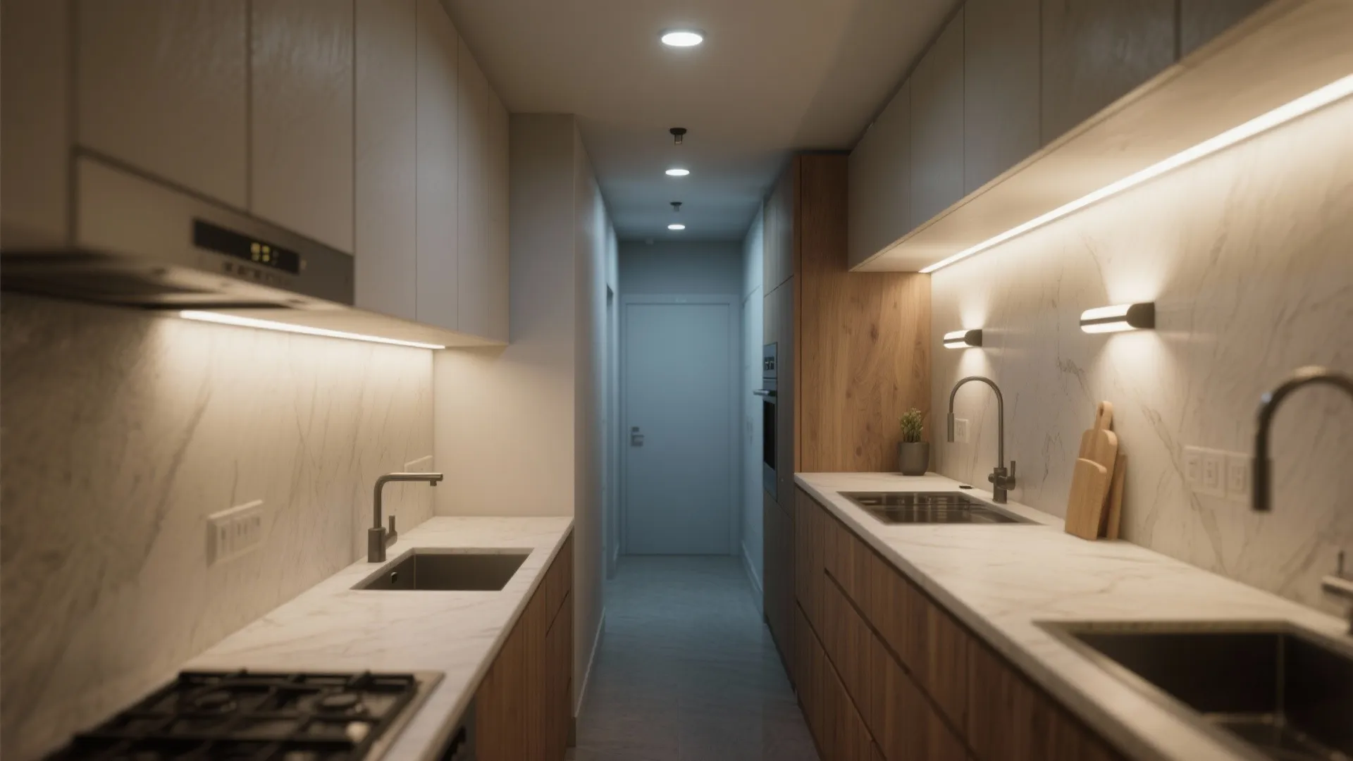 Modern galley kitchen with marble countertops wooden cabinets warm strip lights and small ceiling lights