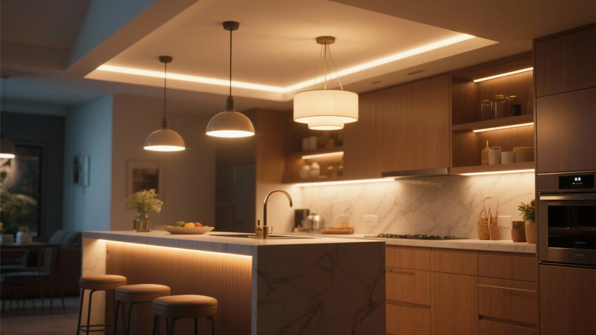 Modern kitchen with wood cabinets marble island warm ceiling light fixtures and integrated LED lighting