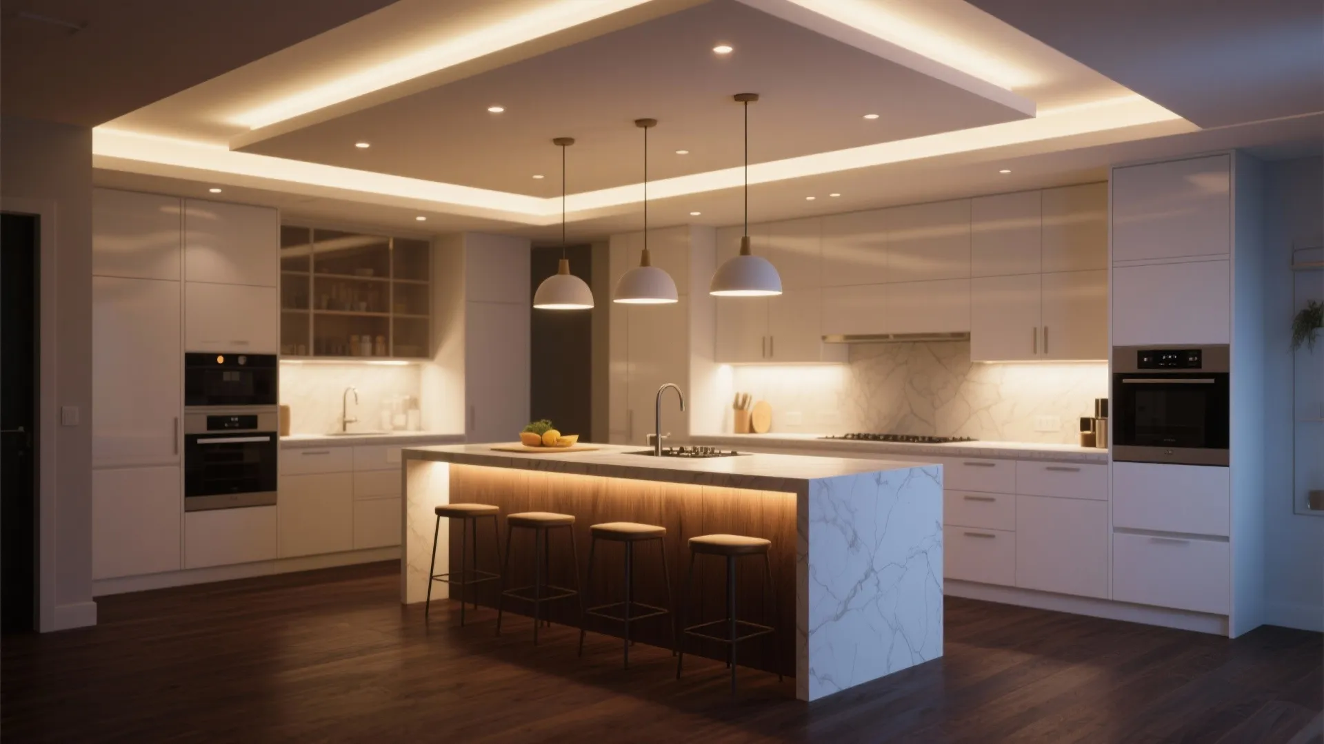Kitchen with recessed ambient, pendant and under-cabinet lighting lifting dark floors