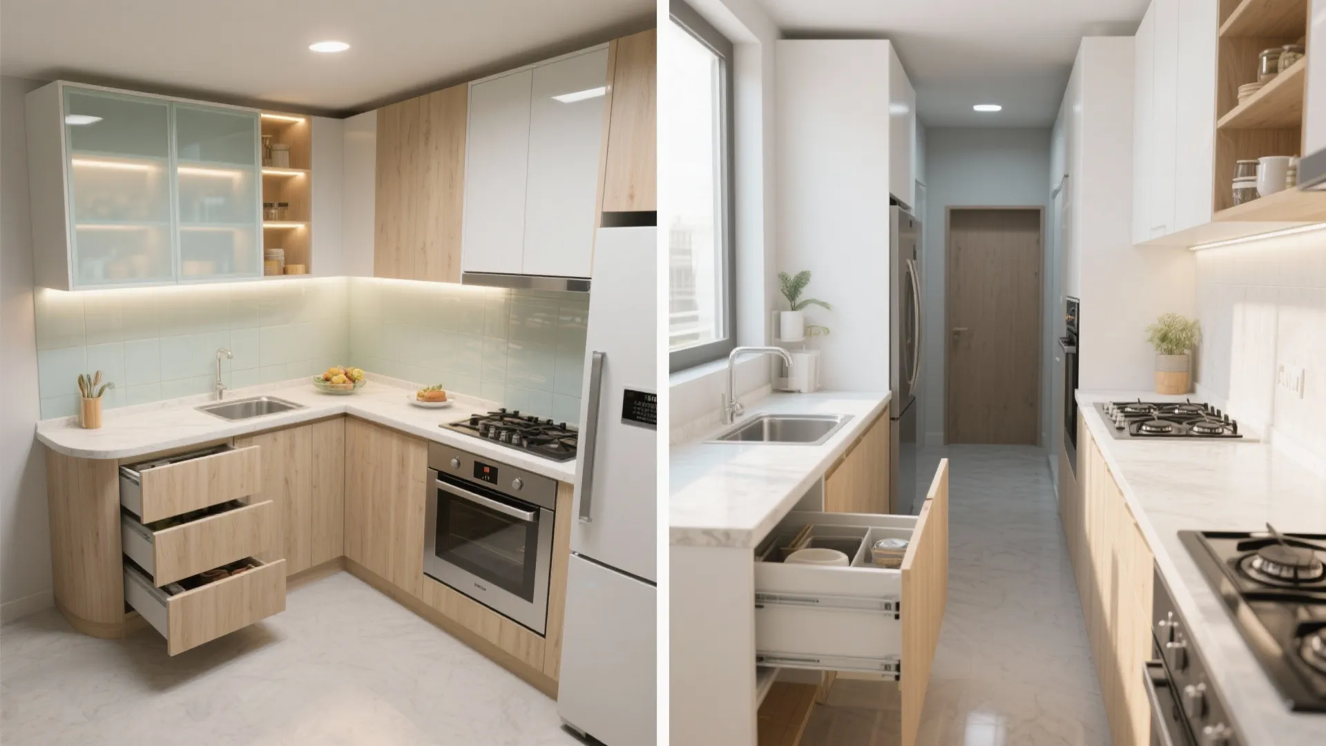 3) A right-sized kitchen: L-shape or parallel with tall pantry storage